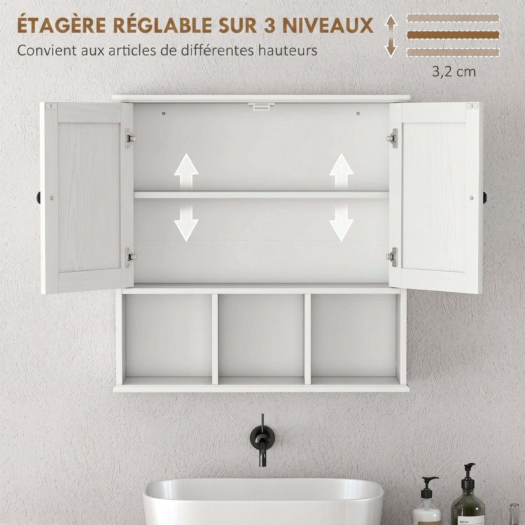 Sans Marque - Armoire murale de salle de bain, meuble de rangement avec 2 portes, étagère réglable et compartiments ouverts, blanc - Image 8