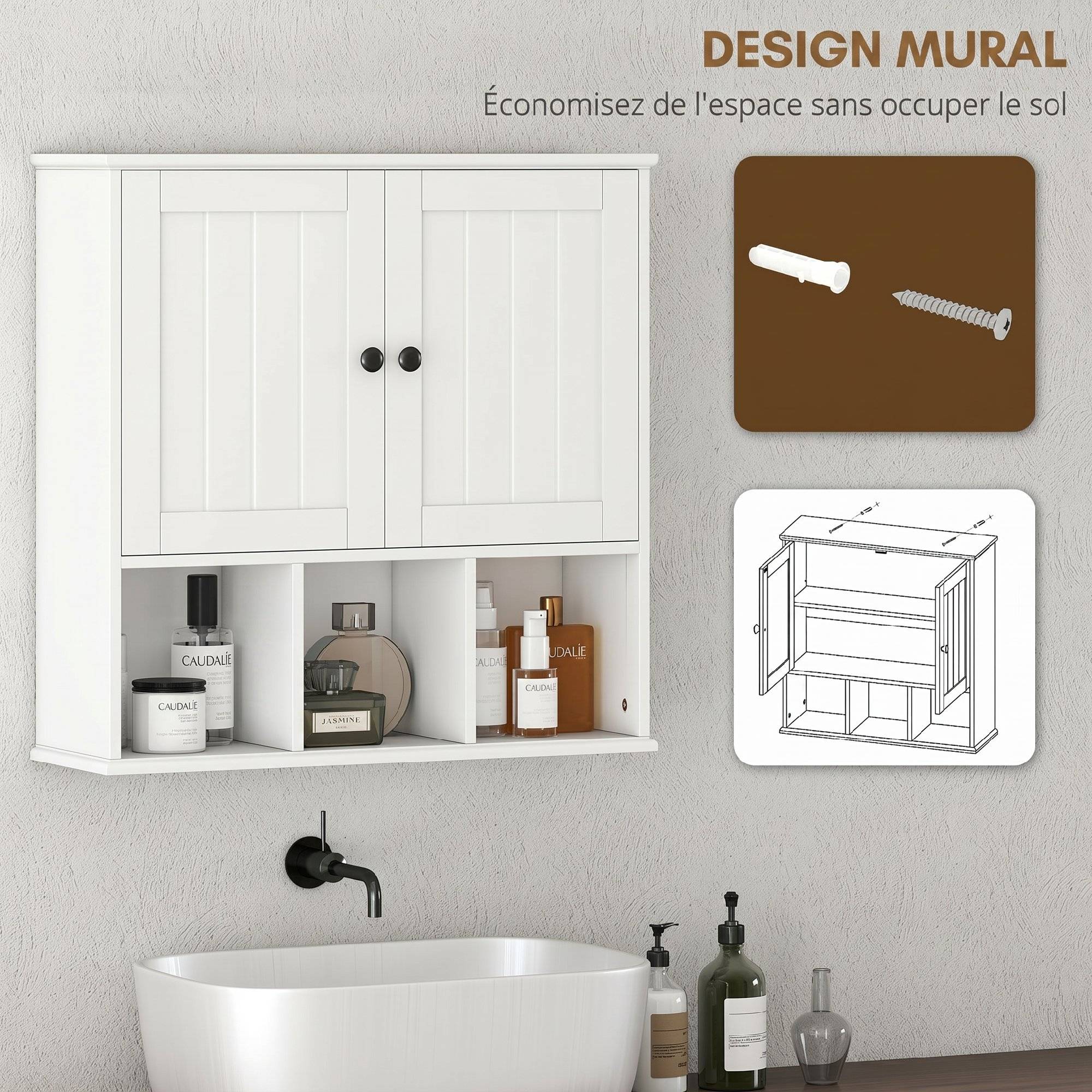 Sans Marque - Armoire murale de salle de bain, meuble de rangement avec 2 portes, étagère réglable et compartiments ouverts, blanc - Image 6