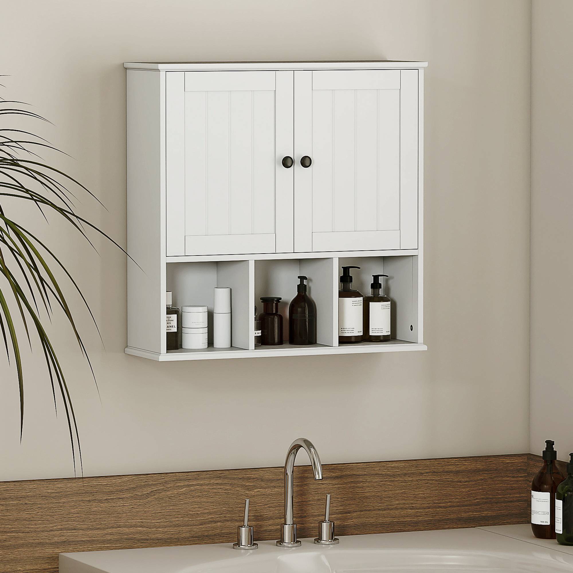 Sans Marque - Armoire murale de salle de bain, meuble de rangement avec 2 portes, étagère réglable et compartiments ouverts, blanc - Image 4
