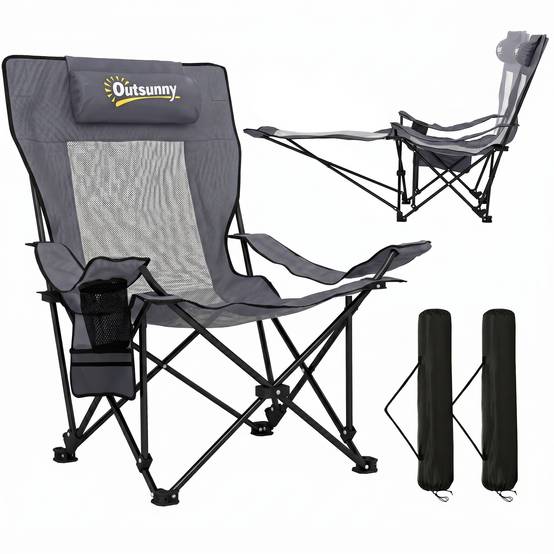 Lot 2 Chaises Camping Pliables Oxford Repos Dossier Inclinable 125x80x100cm Gris Foncé - ComfortXL Outdoor Living - Image 1