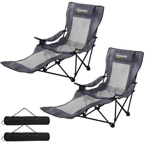Lot 2 Chaises Camping Pliables Oxford Repos Dossier Inclinable 125x80x100cm Gris Foncé - ComfortXL Outdoor Living - Image 2