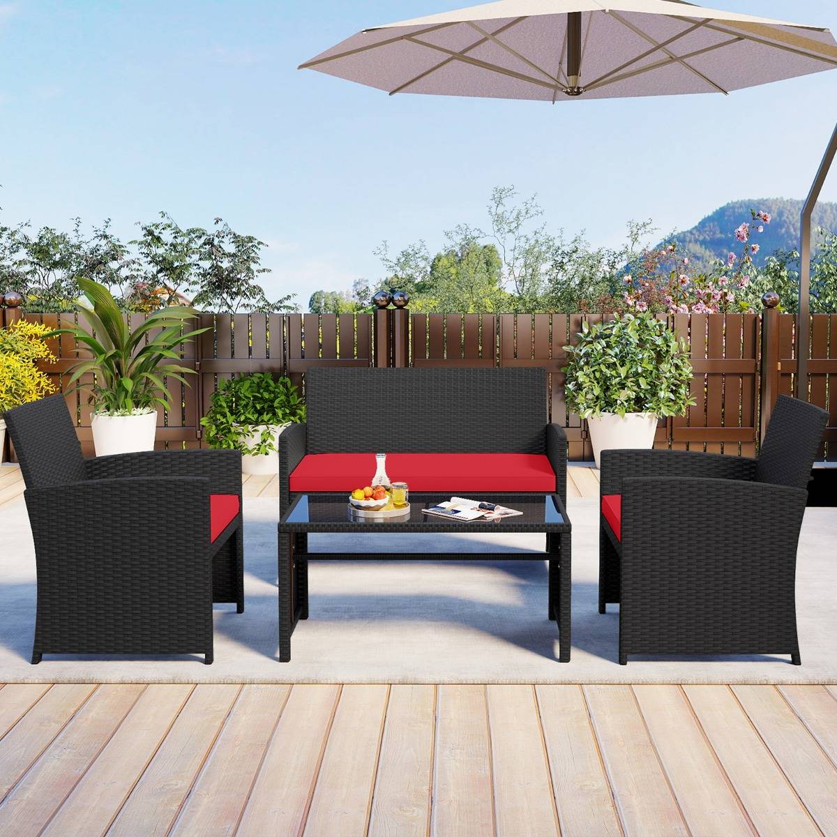 Ensemble de Salon de Jardin en Rotin PE 4 Pièces Canapé 4 Places en Osier avec Fauteuils et Table Basse en Verre Trempé Rouge MAISON CHIC - Image 2