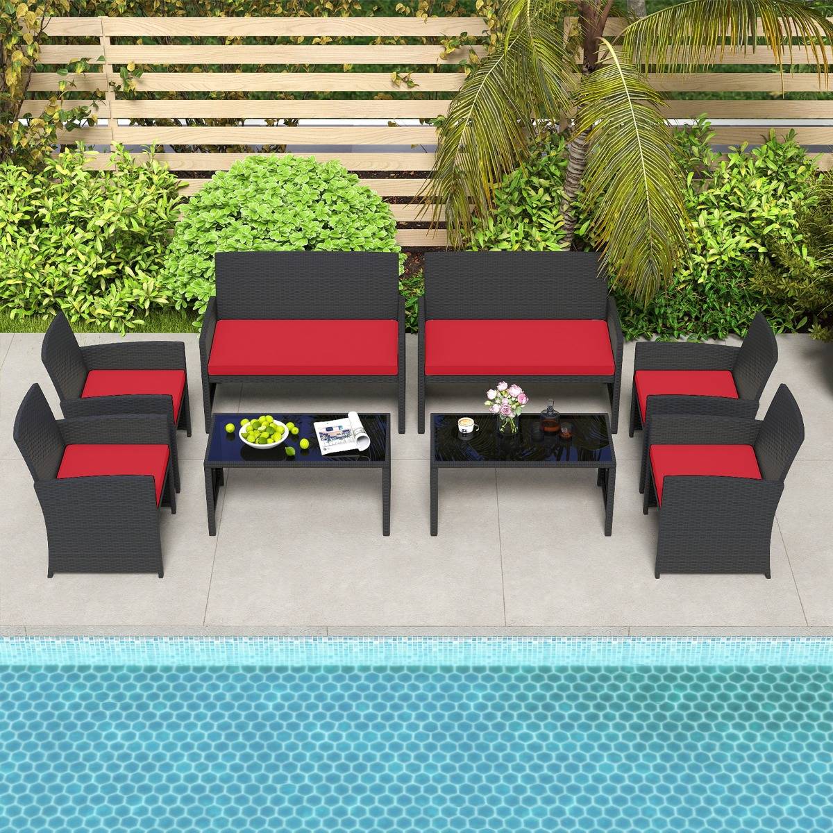 Ensemble de Salon de Jardin en Rotin PE 4 Pièces Canapé 4 Places en Osier avec Fauteuils et Table Basse en Verre Trempé Rouge MAISON CHIC - Image 3