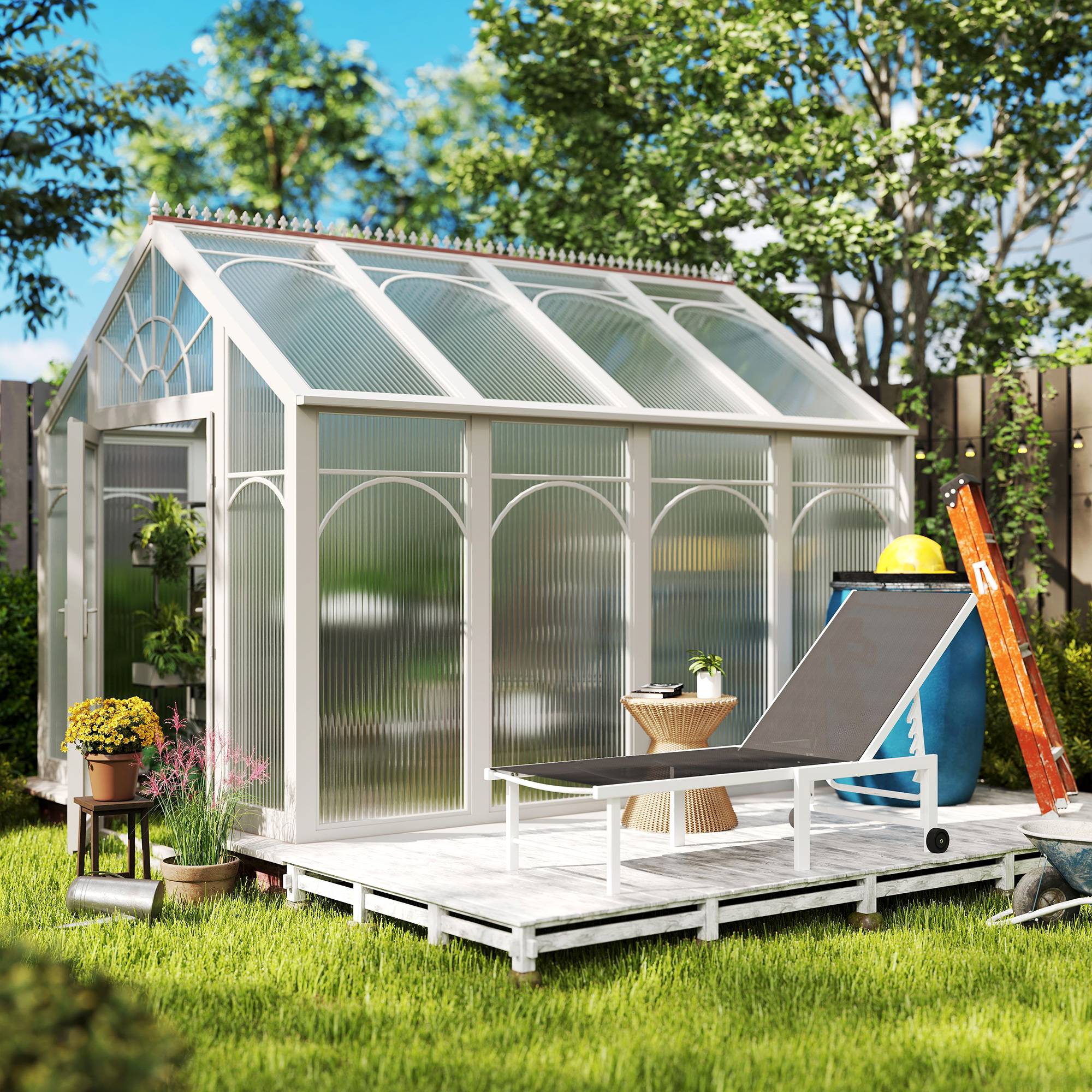 Transat de jardin inclinable à roulettes, dossier réglable 5 positions et structure en acier, 166 x 60 x 84 cm, gris - Image 10