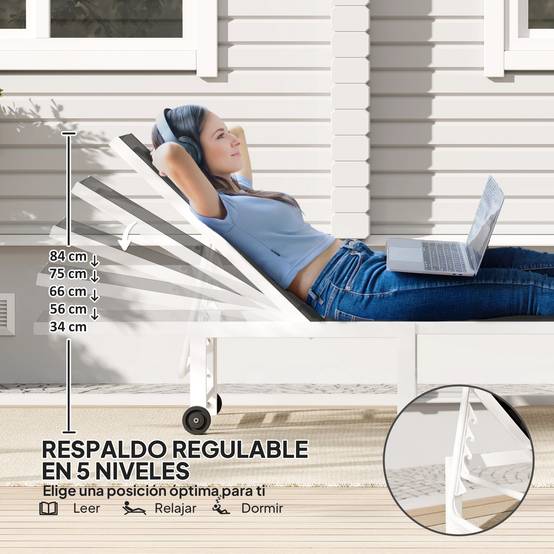 Transat de jardin inclinable à roulettes, dossier réglable 5 positions et structure en acier, 166 x 60 x 84 cm, gris - Image 6