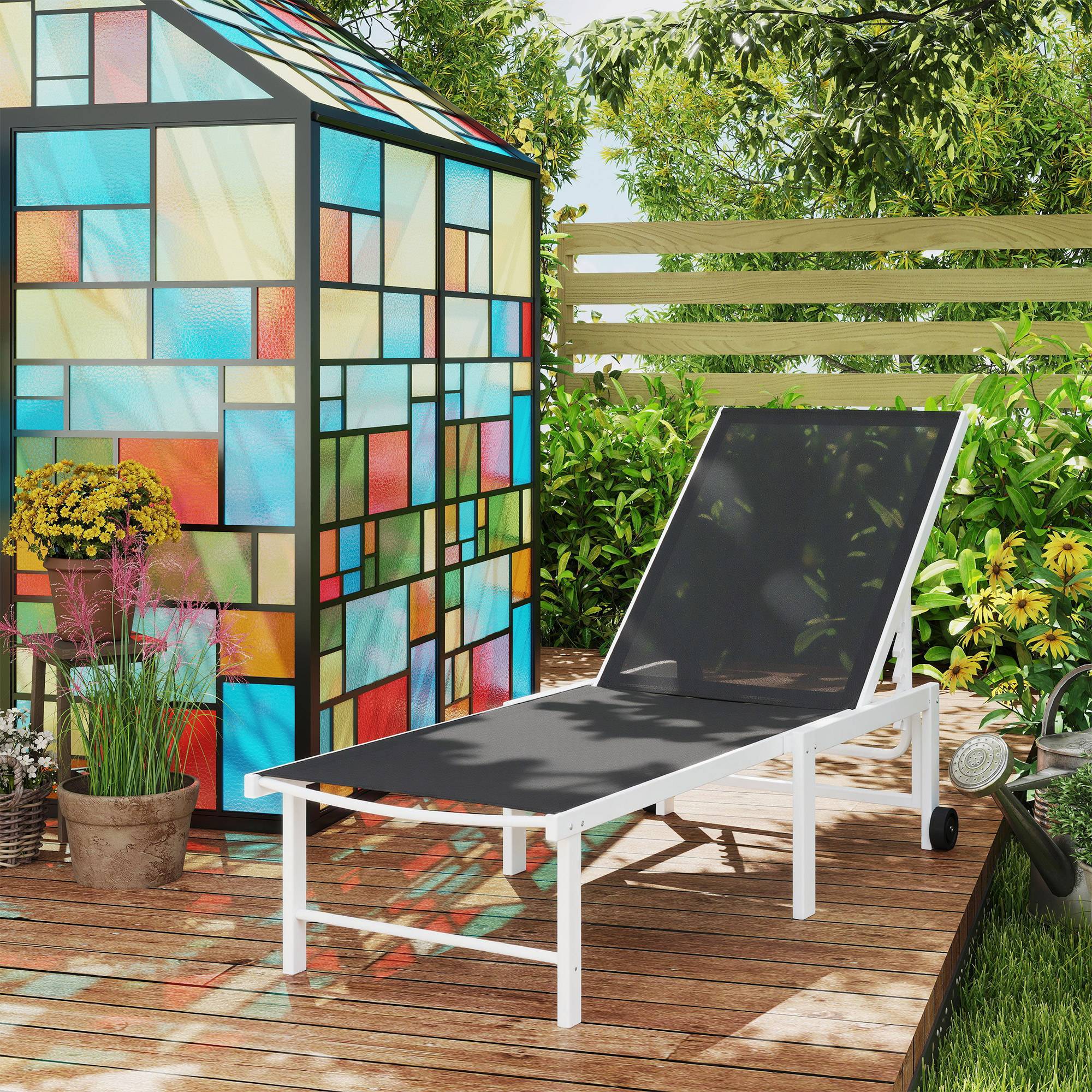 Transat de jardin inclinable à roulettes, dossier réglable 5 positions et structure en acier, 166 x 60 x 84 cm, gris - Image 4