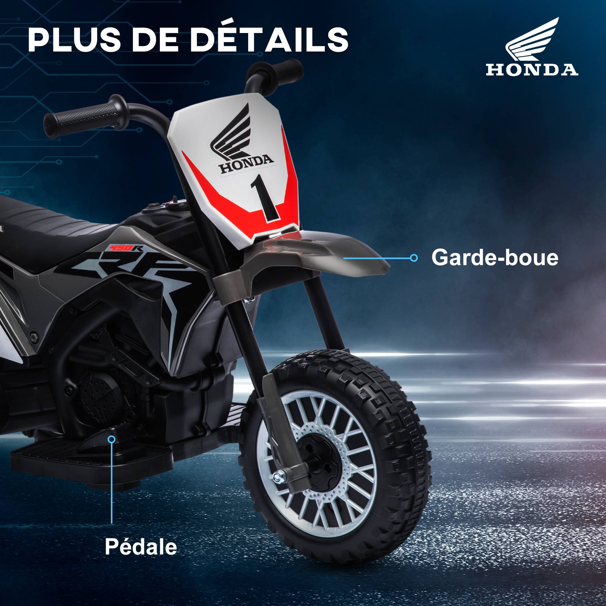 Moto cross éléctrique pour enfant licence Honda CRF450RL 3 roues batterie 6V enfants 18-36 mois gris - Image 9