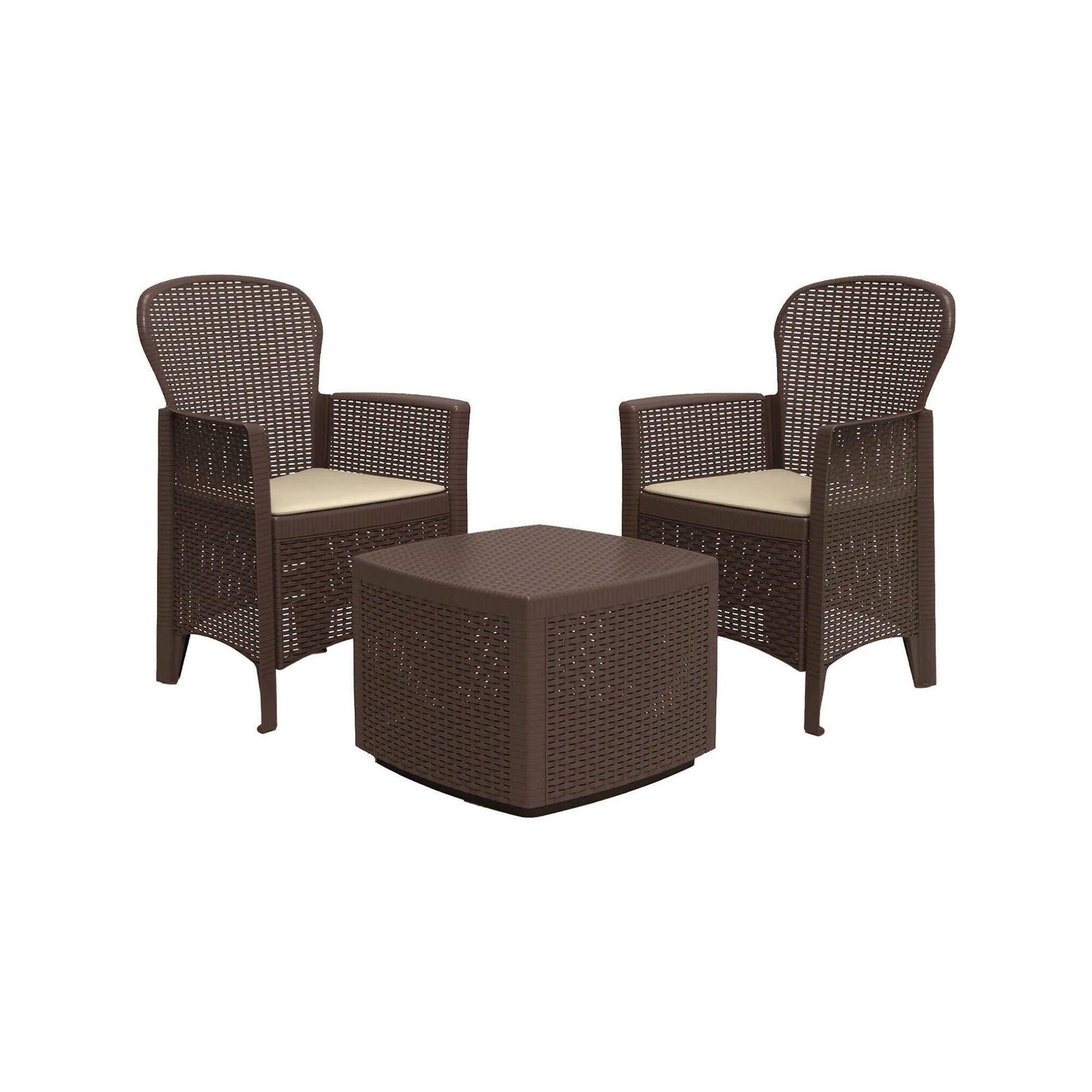 Dmora - Ensemble de salon d'extérieur Naples, Composition de jardin avec 2 fauteuils et 1 table de rangement, Salon effet rotin, Marron - Dmora - Image 1