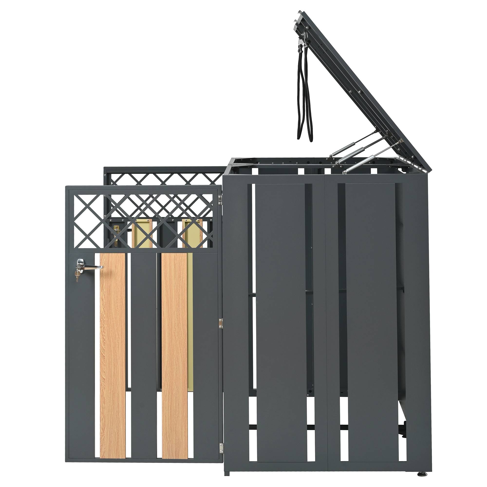 ComfortXL - Cache-poubelle double Acier galvanisé Extérieur Ouverture vérin 132x80x118cm Gris Bois - ComfortXL Outdoor Living - Image 4