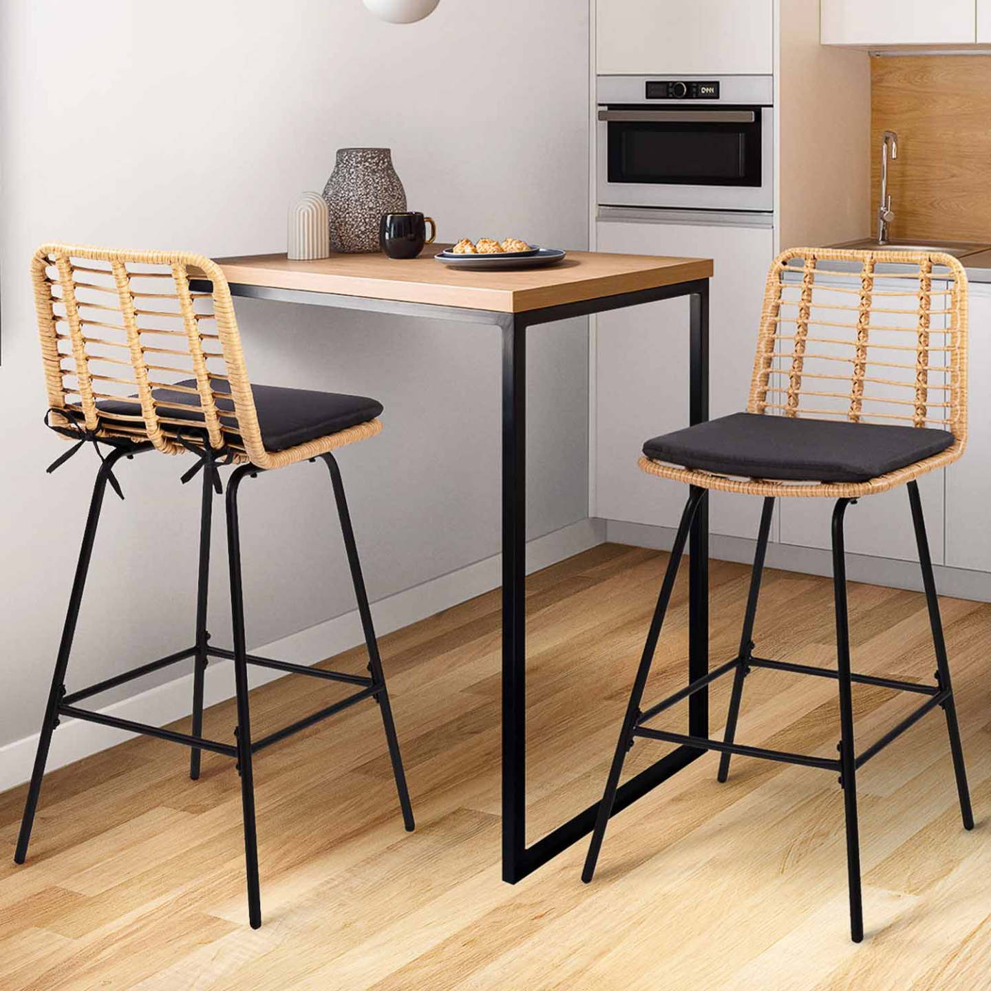 Lot de 2 tabourets de bar SUMMER effet rotin pied métal noir - Image 1