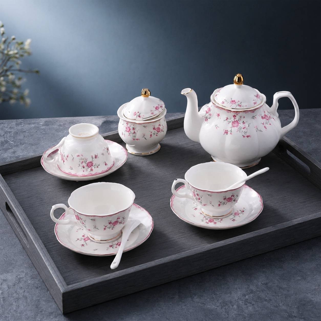 Service à Thé en Porcelaine 6 Personnes Rouge avec Théière et Accessoires - Image 5