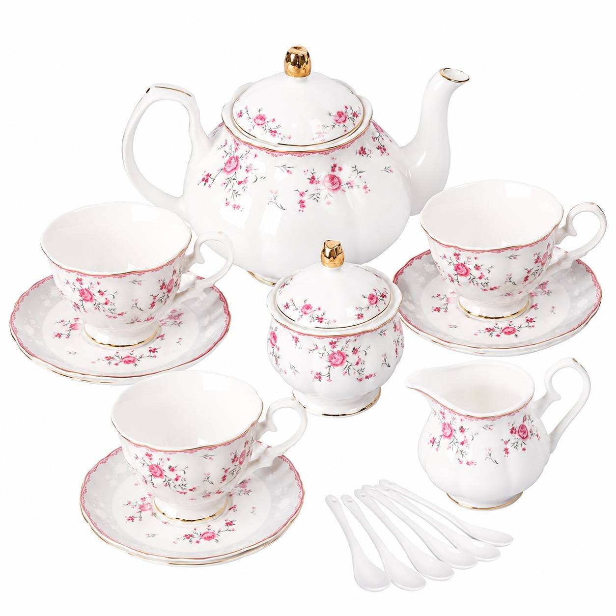 Service à Thé en Porcelaine 6 Personnes Rouge avec Théière et Accessoires