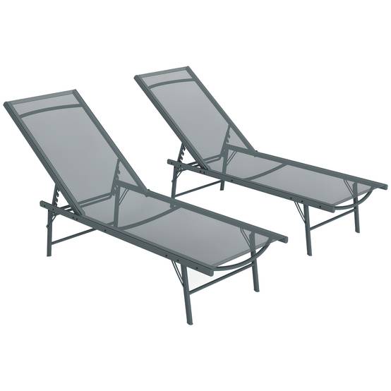 Lot de 2 Transats Métal Jardin Pliables Dossiers Ajustables 164x54cm ...