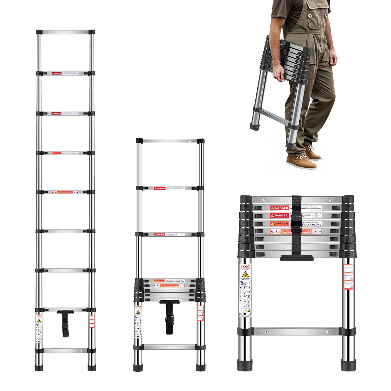 Vevor - Échelle télescopique inox 2540mm charge 150kg 75°. Portable légère, rétraction multi-boutons. Pour maison, camping-car.