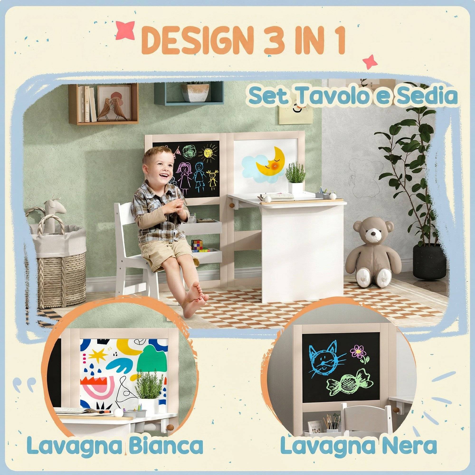 Ensemble table et chaise enfant 3-8 ans avec ardoise noire, ardoise blanche, rangements et rouleau papier, blanc - Image 6