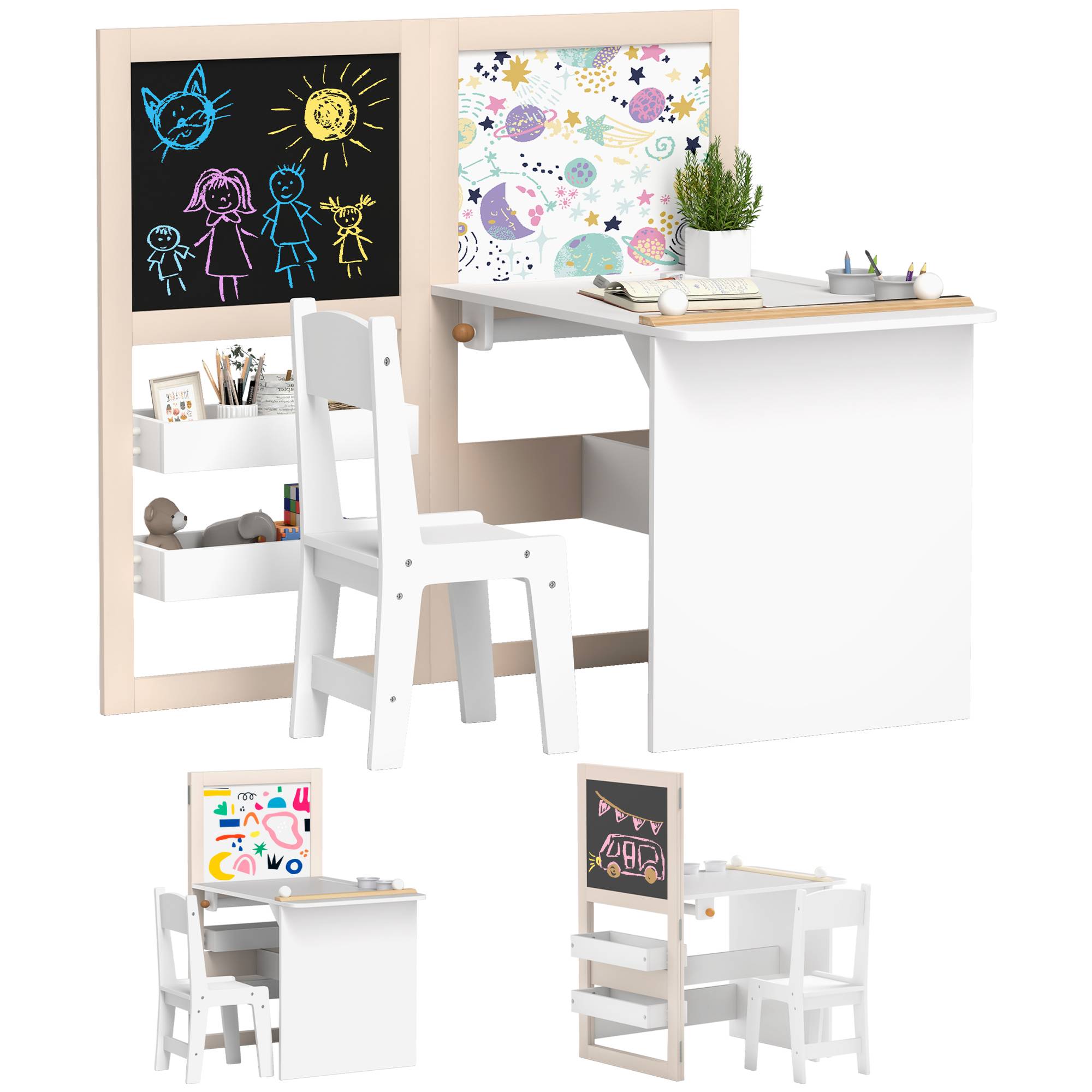 Ensemble table et chaise enfant 3-8 ans avec ardoise noire, ardoise blanche, rangements et rouleau papier, blanc - Image 1