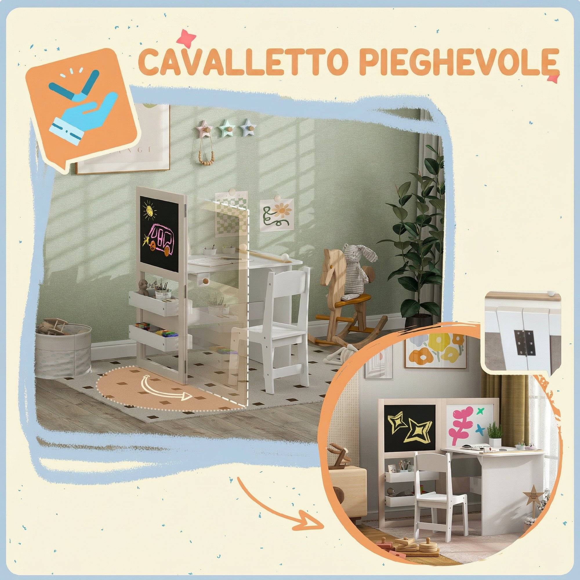 Ensemble table et chaise enfant 3-8 ans avec ardoise noire, ardoise blanche, rangements et rouleau papier, blanc - Image 7