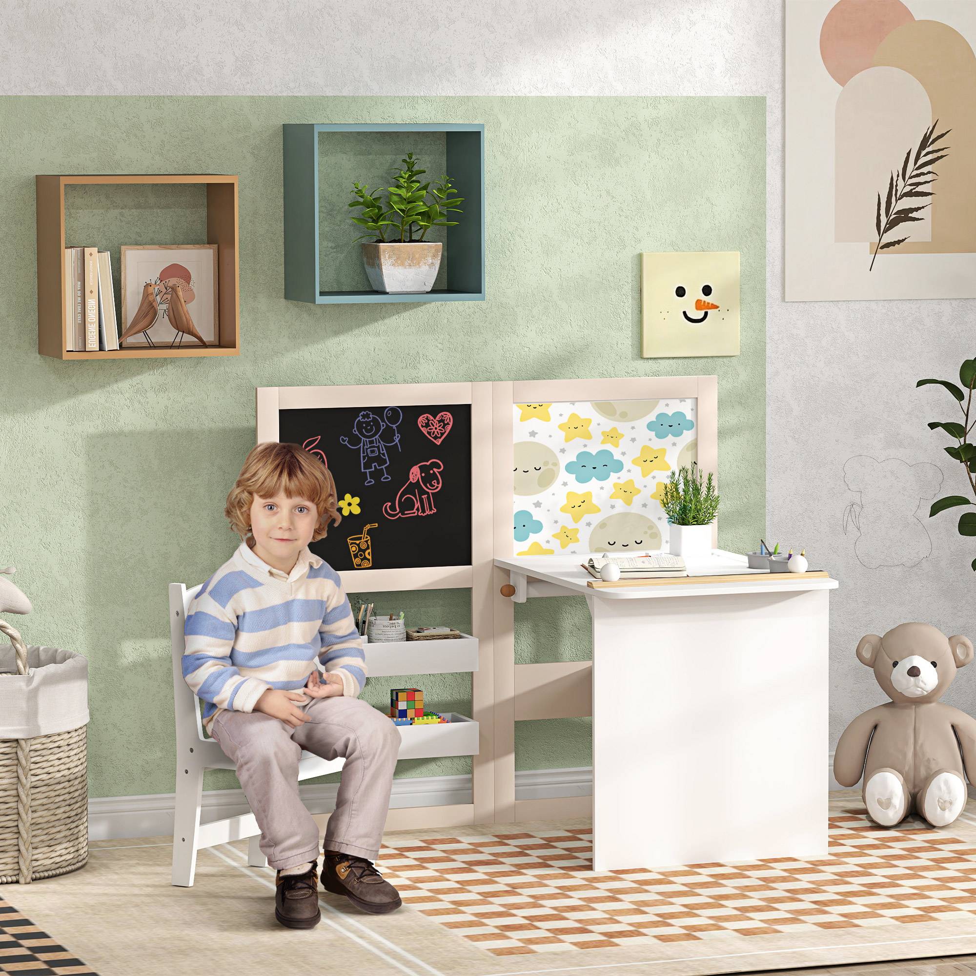 Ensemble table et chaise enfant 3-8 ans avec ardoise noire, ardoise blanche, rangements et rouleau papier, blanc - Image 3