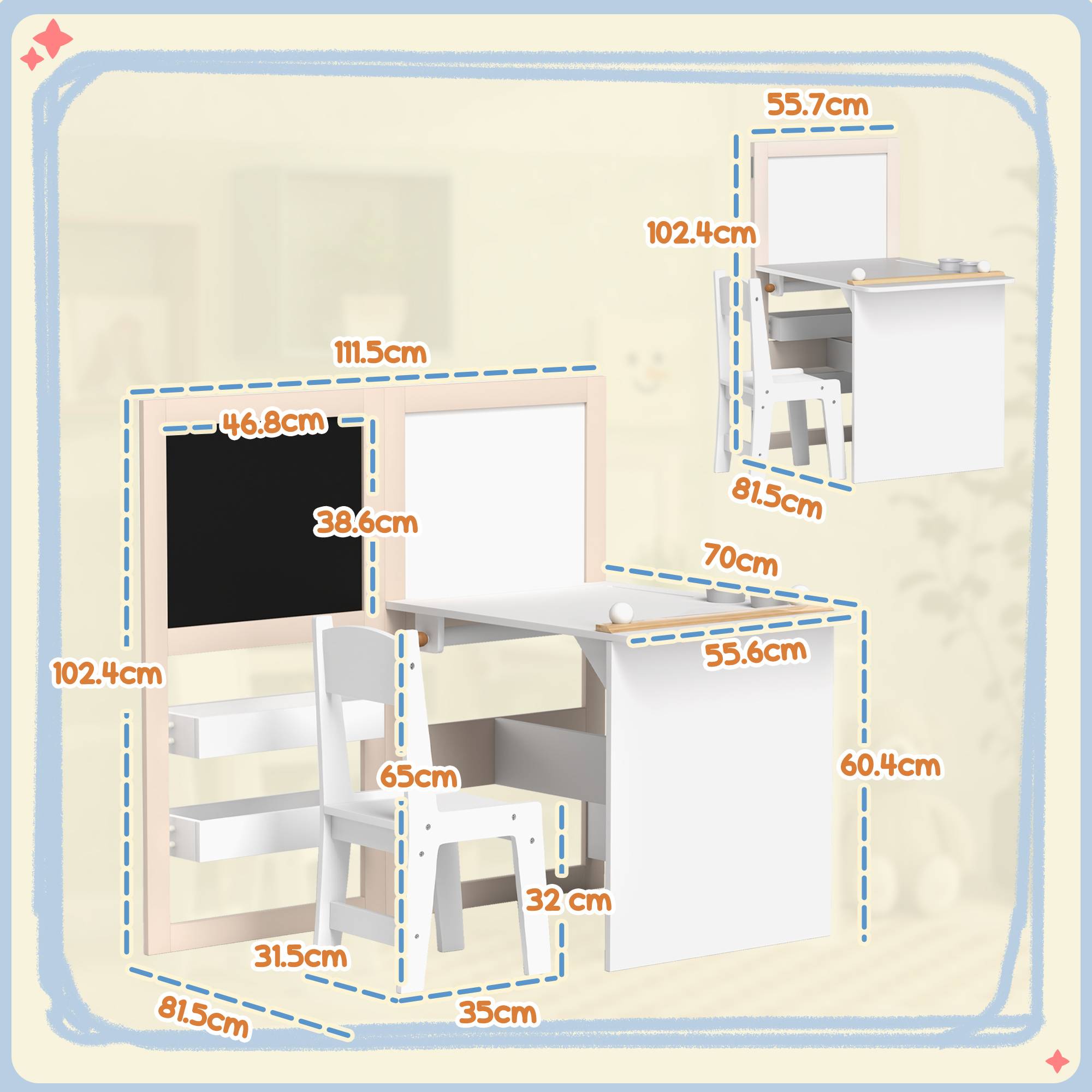 Ensemble table et chaise enfant 3-8 ans avec ardoise noire, ardoise blanche, rangements et rouleau papier, blanc - Image 5