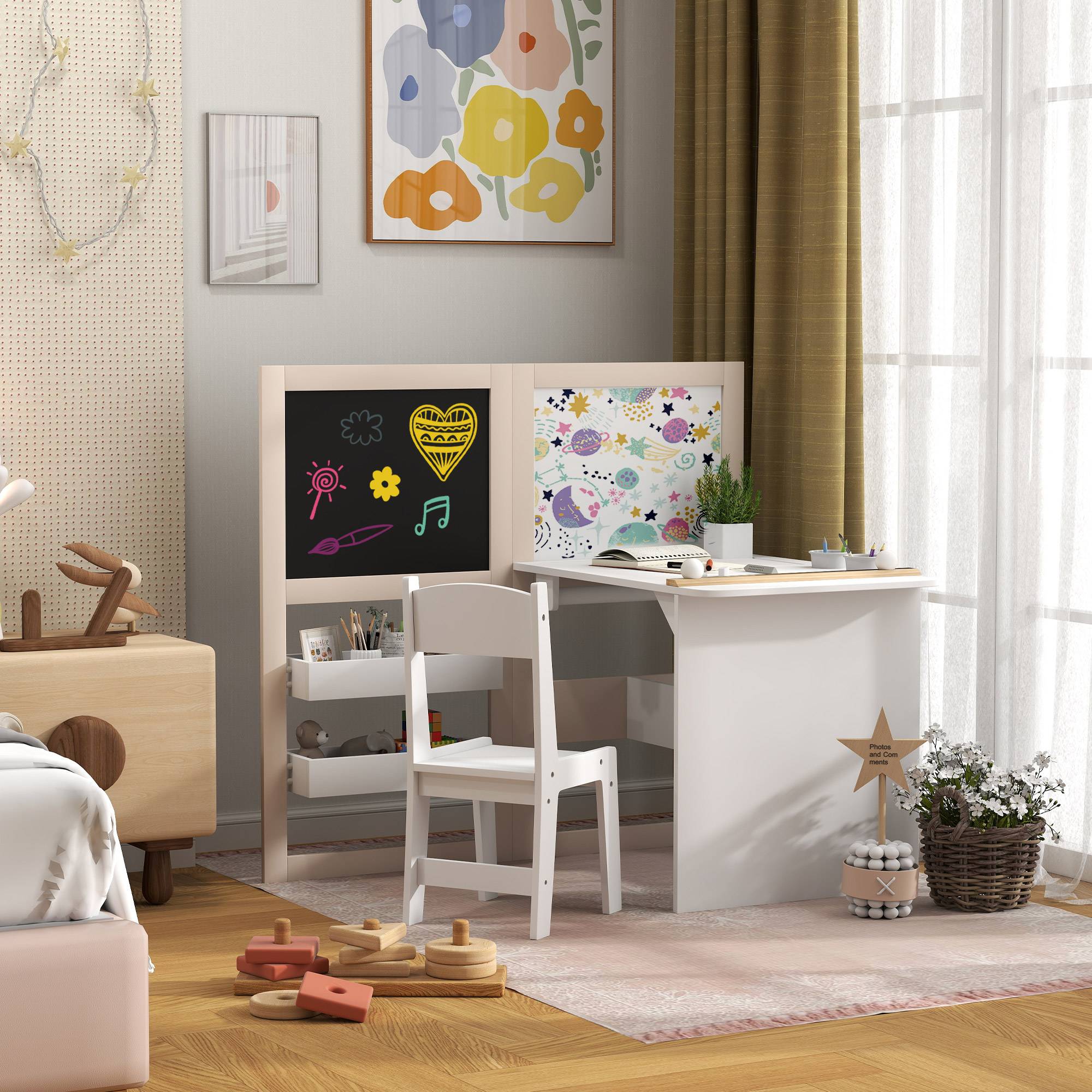 Ensemble table et chaise enfant 3-8 ans avec ardoise noire, ardoise blanche, rangements et rouleau papier, blanc - Image 4