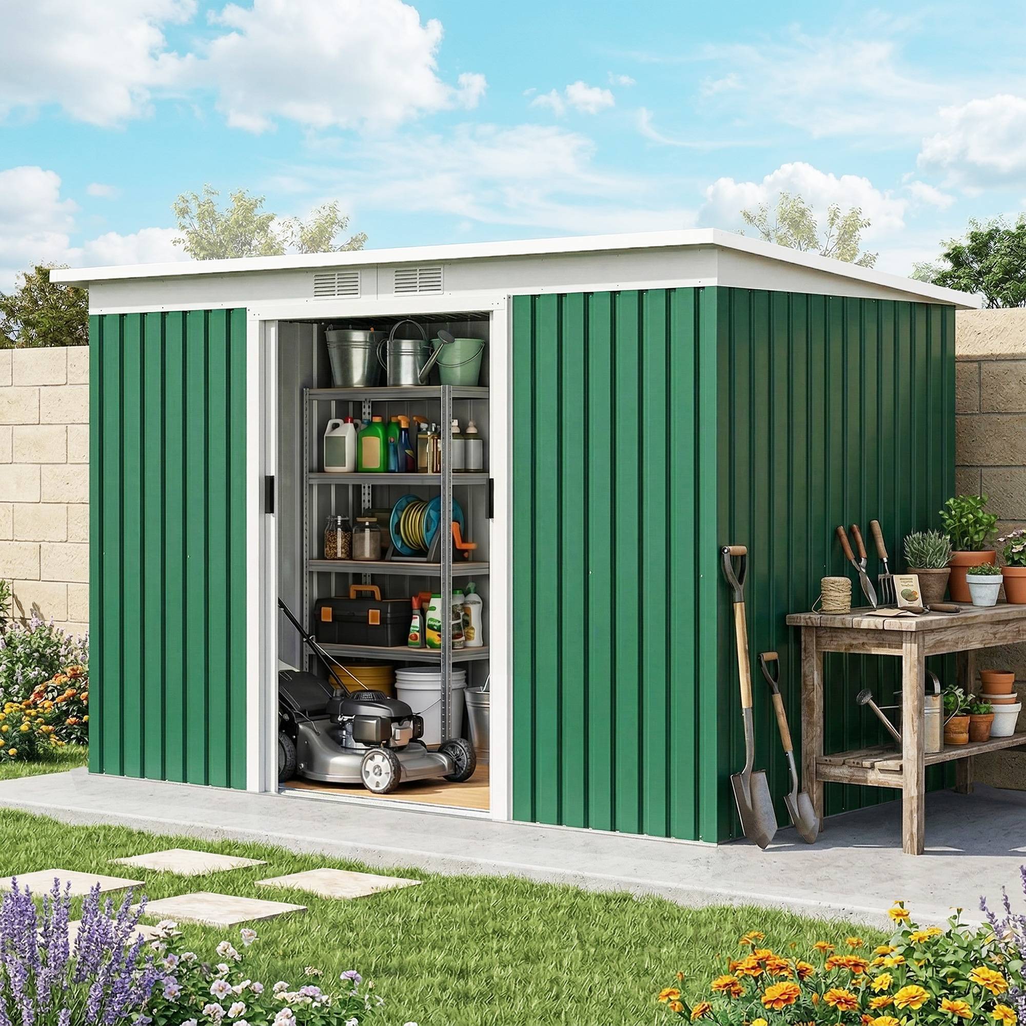 Abri de jardin 280 x 130 x 172 cm, en métal, vert olive, pour le rangement des outils d'extérieur - Image 4