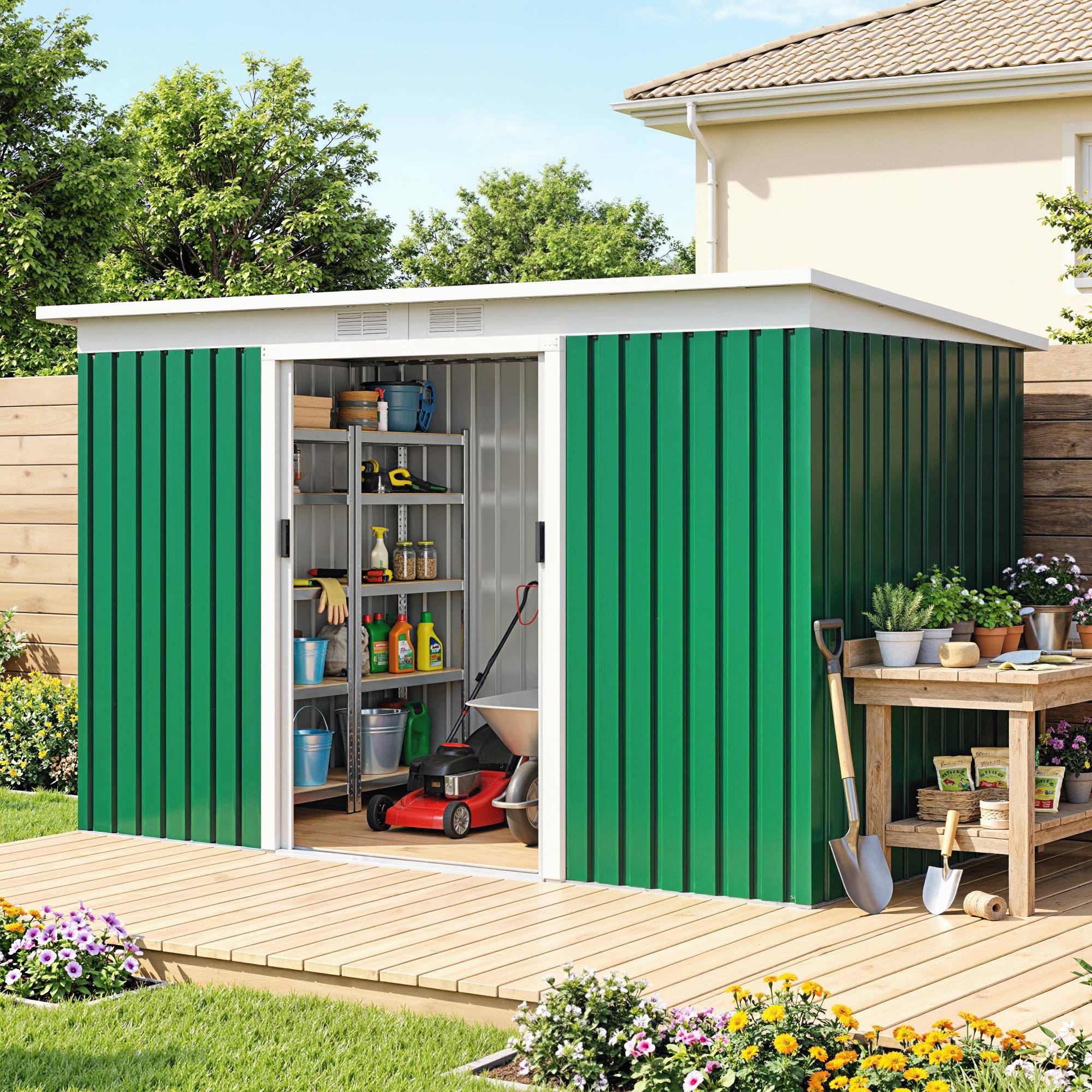 Abri de jardin 280 x 130 x 172 cm, en métal, vert olive, pour le rangement des outils d'extérieur - Image 10