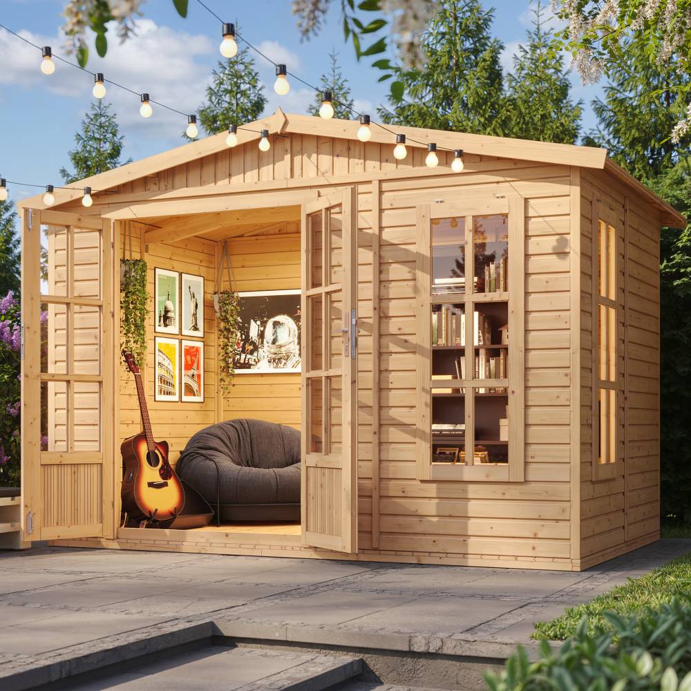 Timbela - Abri de jardin en bois 6 m2 - l332xP222xH232cm avec sol et des bardeaux bitumineux marron - 17 mm d’épaisseur - Timbela M334FB+H334FBBROWN - Image 1