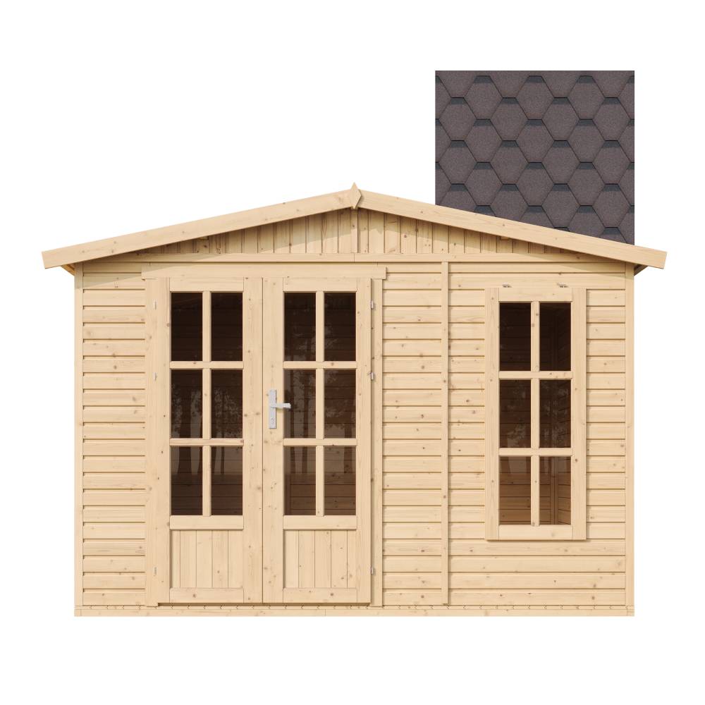 Timbela - Abri de jardin en bois 6 m2 - l332xP222xH232cm avec sol et des bardeaux bitumineux marron - 17 mm d’épaisseur - Timbela M334FB+H334FBBROWN - Image 2