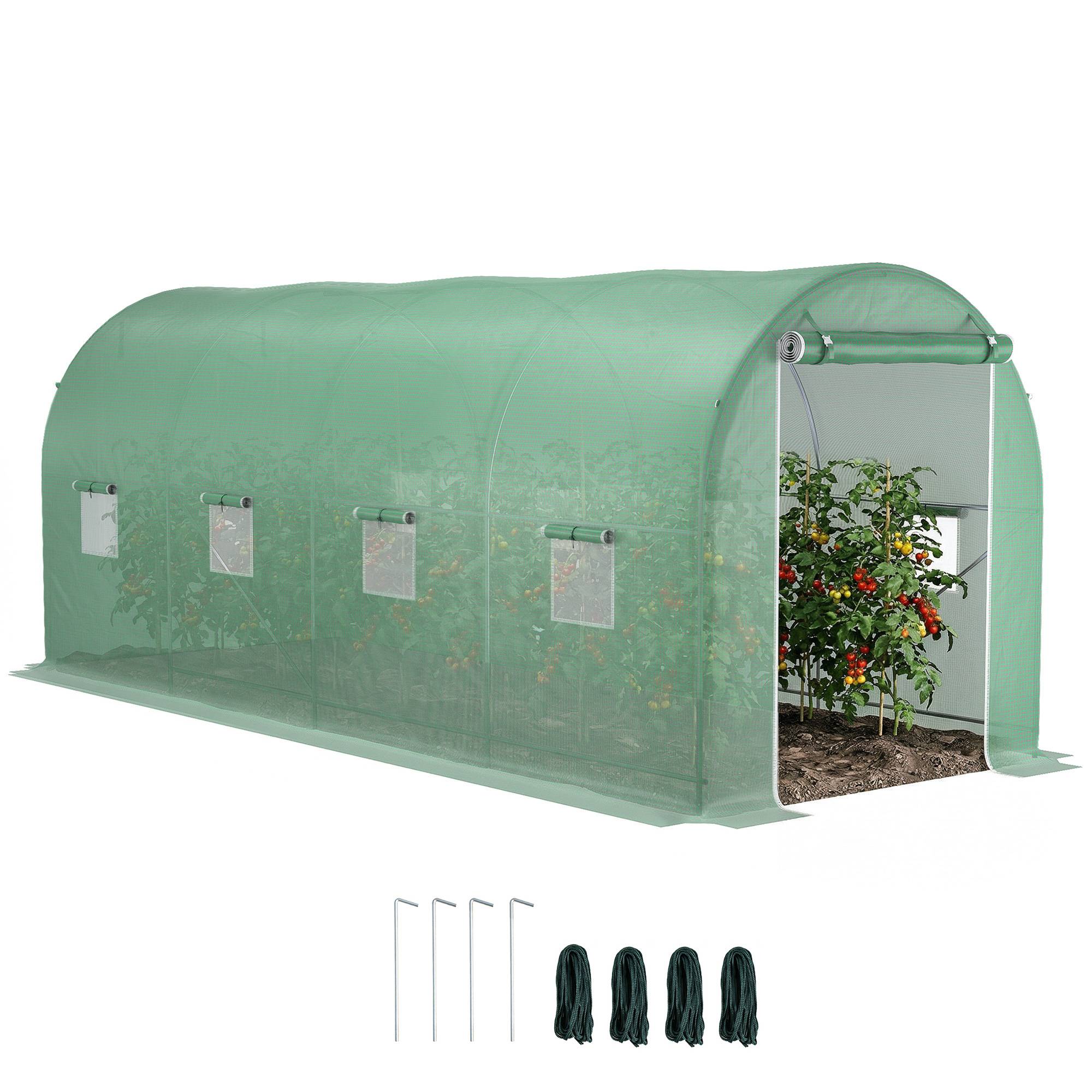 Serre 500x200x205cm tunnel tomates, porte, 8 fenêtres, acier galvanisé, PE, ancrages et cordes, Vert - Image 1