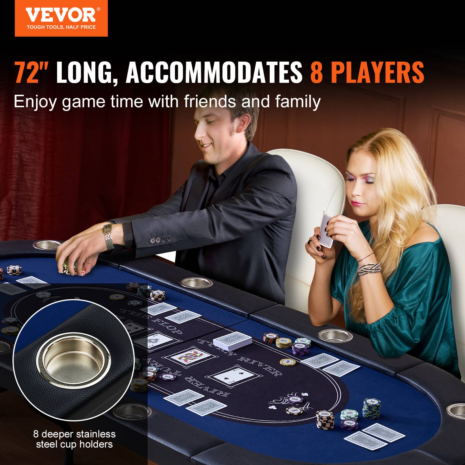 Vevor - VEVOR Table poker pliable 183 cm, 8 joueurs. Rails rembourrés, porte-gobelets. - Image 2