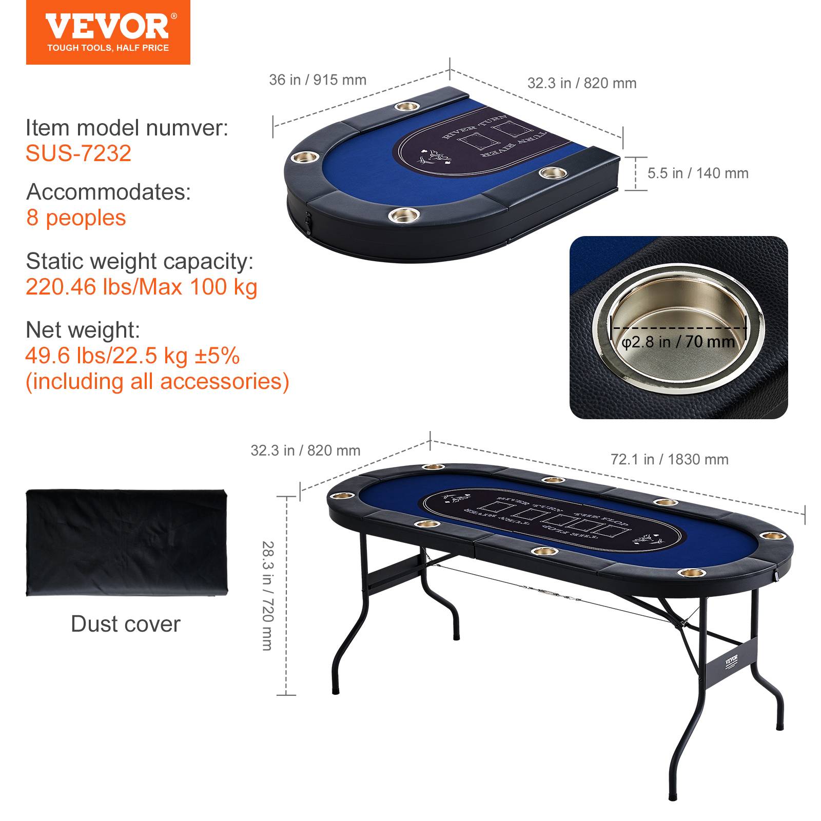 Vevor - VEVOR Table poker pliable 183 cm, 8 joueurs. Rails rembourrés, porte-gobelets. - Image 7