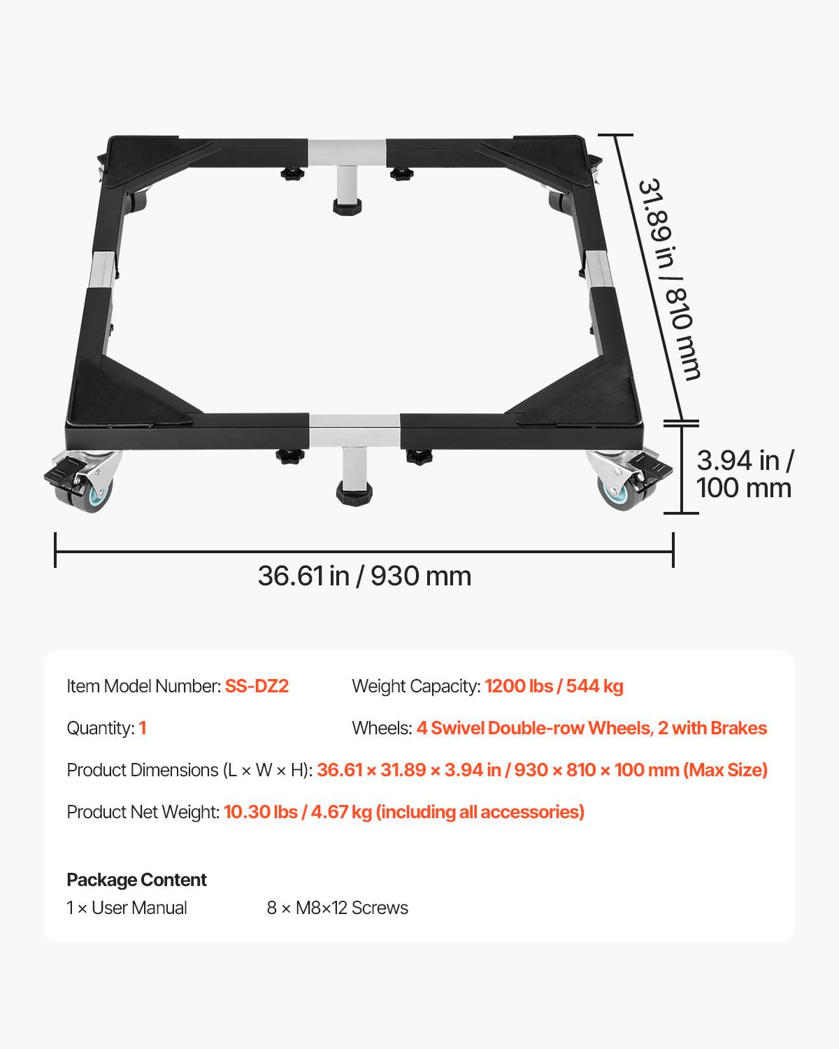 Vevor - VEVOR Support machine à laver mobile, charge 544kg, 8 roues, réglable. - Image 7