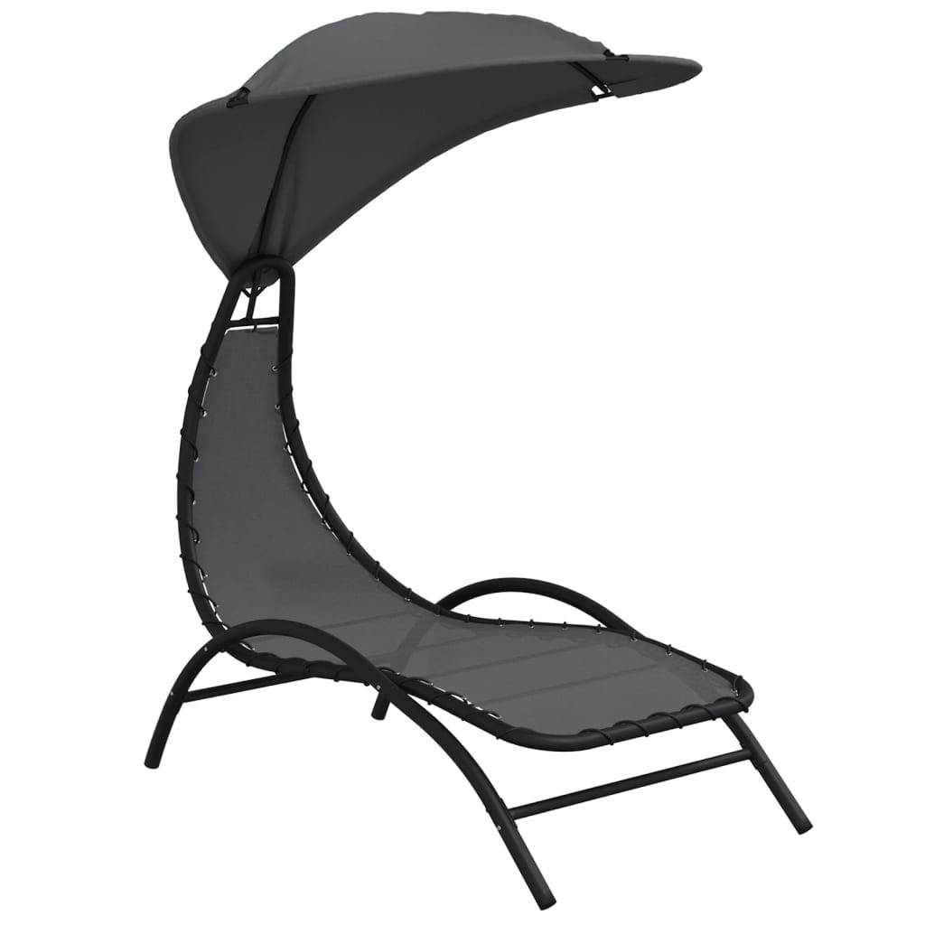 Helloshop26 - Transat chaise longue bain de soleil lit de jardin terrasse meuble d'extérieur et auvent 167 x 80 x 195 cm tissu et acier gris foncé - Image 1