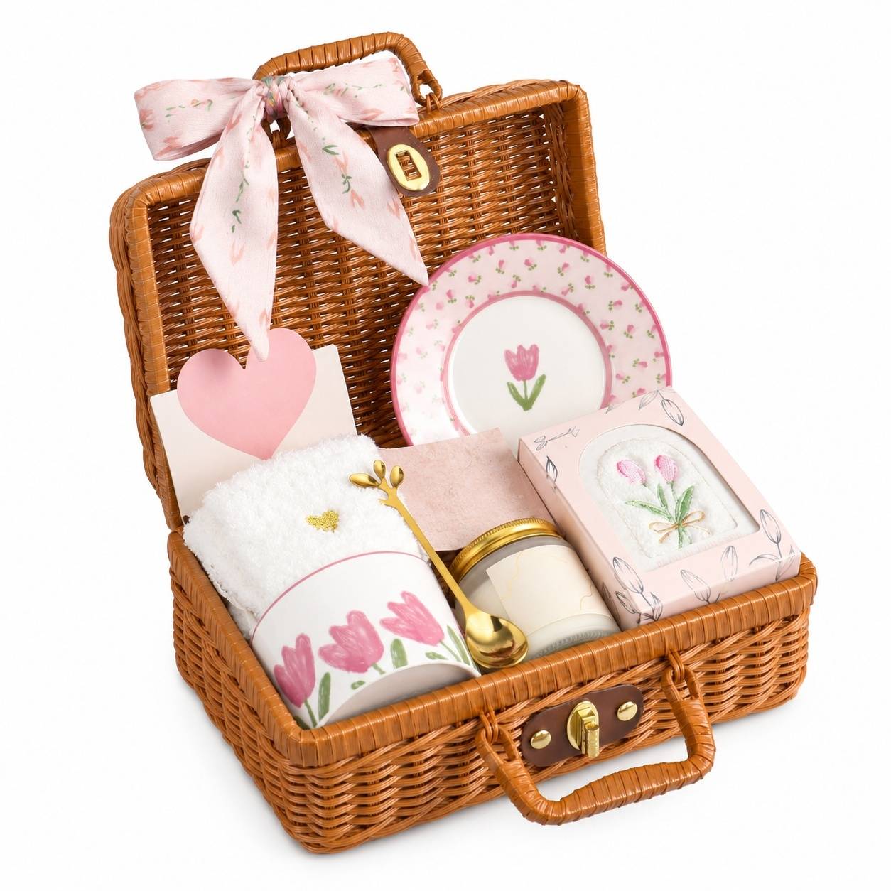 Coffret Cadeau Femme Panier Osier Mug Sous Tasse Bougie Parfumée Serviette Collier
(79 caractères) - Image 1