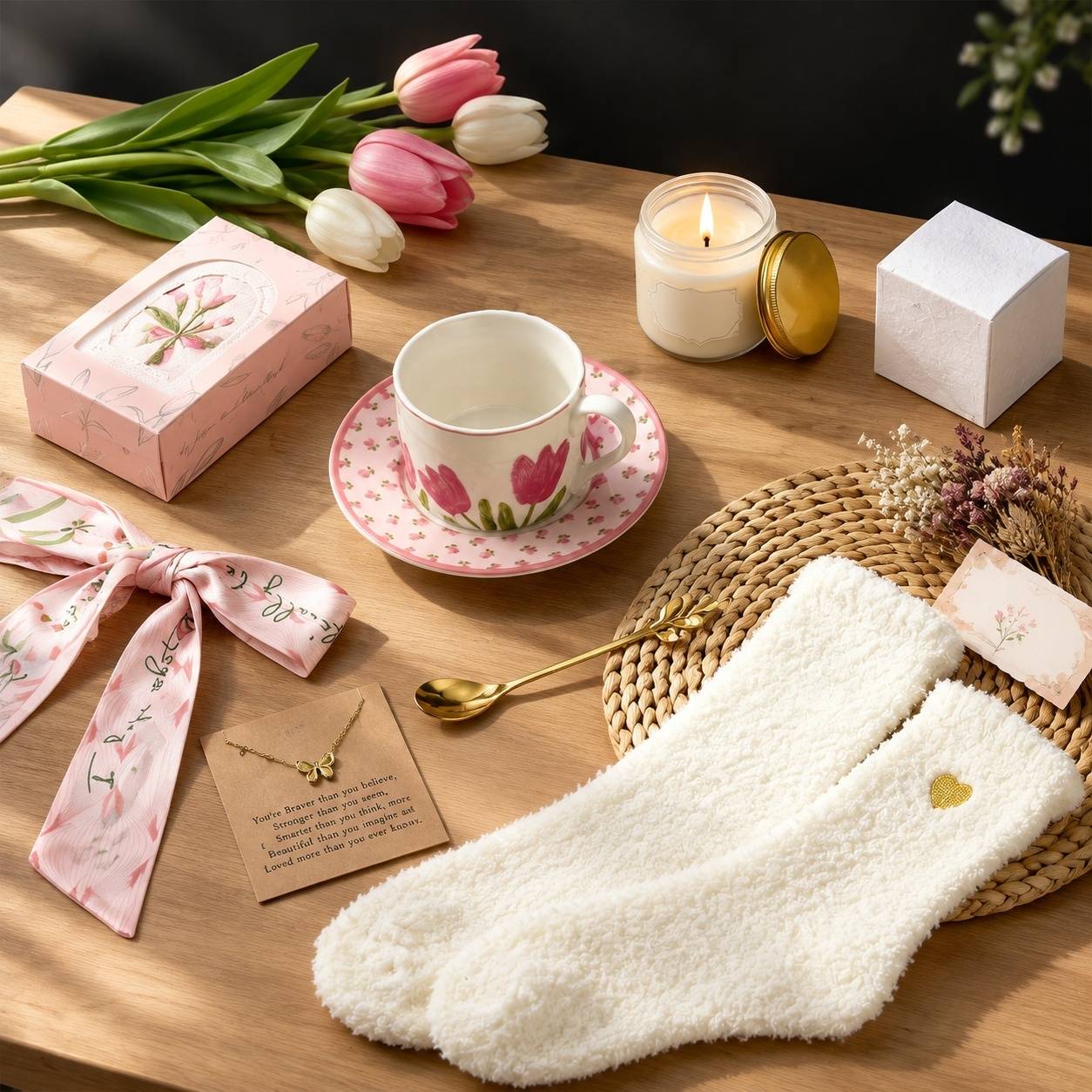 Coffret Cadeau Femme Panier Osier Mug Sous Tasse Bougie Parfumée Serviette Collier
(79 caractères) - Image 5
