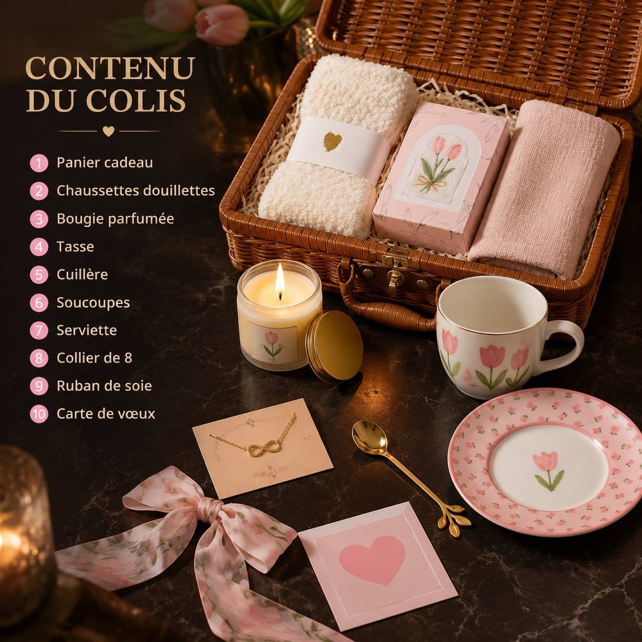 Coffret Cadeau Femme Panier Osier Mug Sous Tasse Bougie Parfumée Serviette Collier
(79 caractères) - Image 2