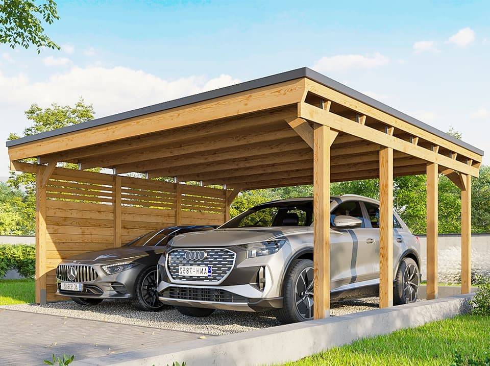 Direct Abris - Carport Bois CASTELLANE 558X555 Panneau Latéral Intégré - Toiture en Bois + Feutre Bitumeux - Abri 2Voiture - Image 1