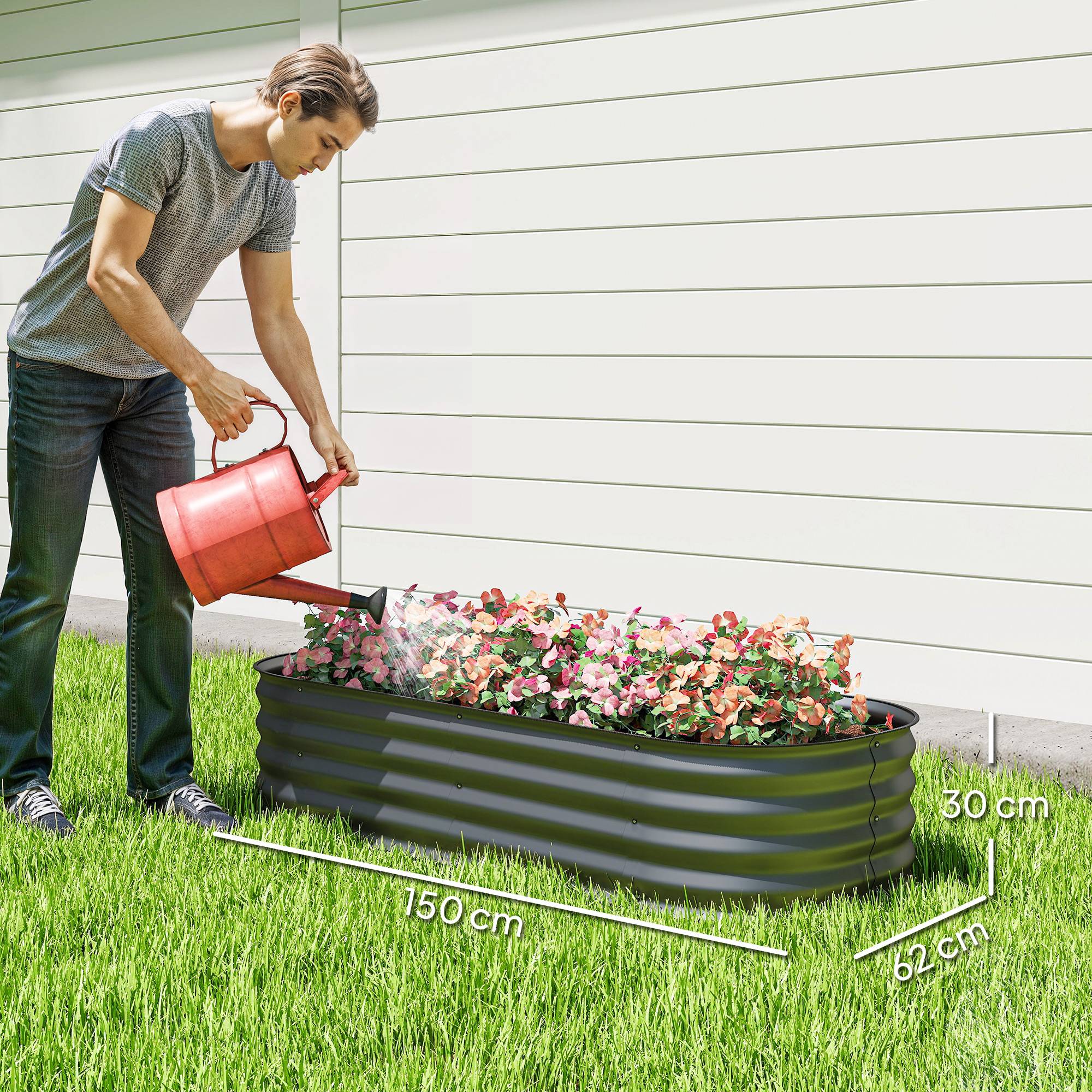 Sans Marque - Grand pot fleurs extérieur acier galvanisé base ouverte bords sécurité 150x62x30 cm gris - Image 5