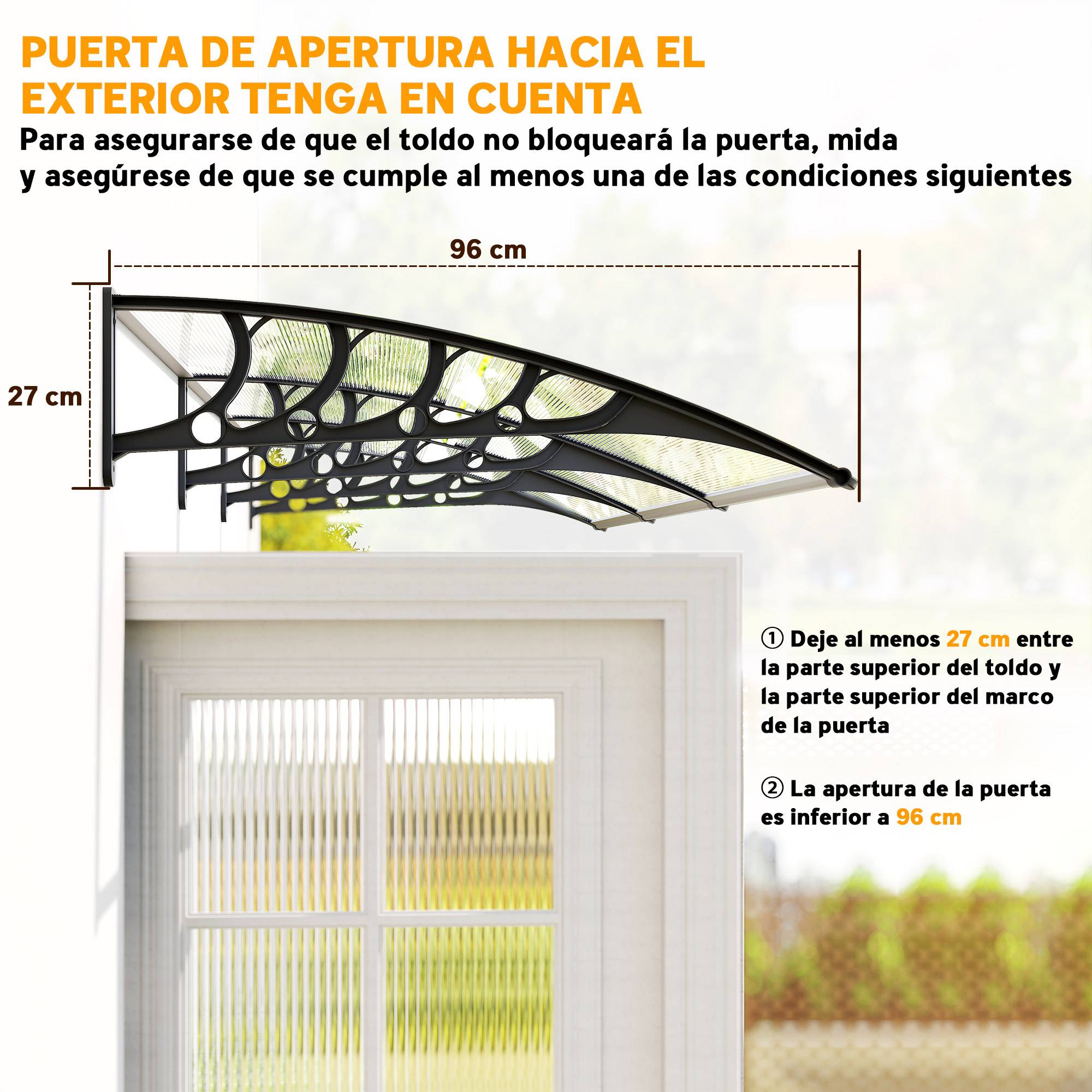 Store extérieur pour portes et fenêtres 303 x 96 cm, toit de protection transparent en polycarbonate - Image 9