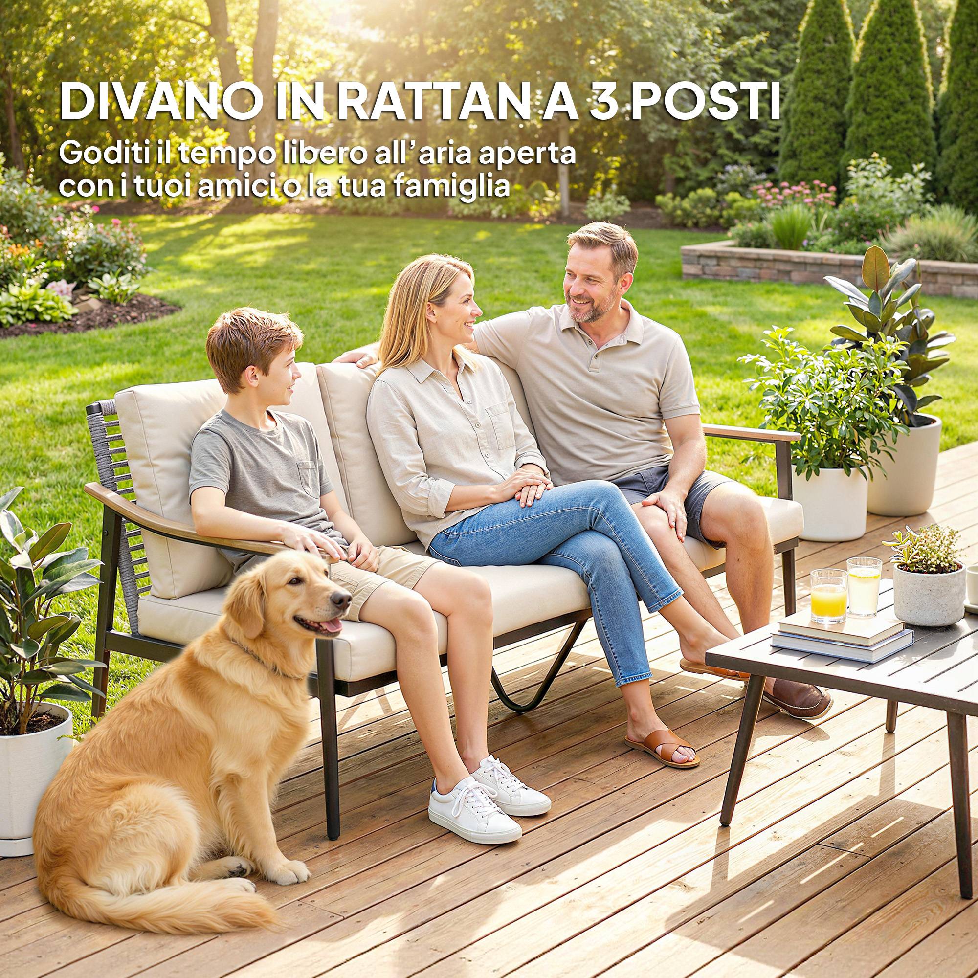 ComfortXL - Canapé extérieur 3 places Résine tressée Véranda Dossier rond imitation bois 176x75x78cm Kaki - ComfortXL Outdoor Living - Image 6