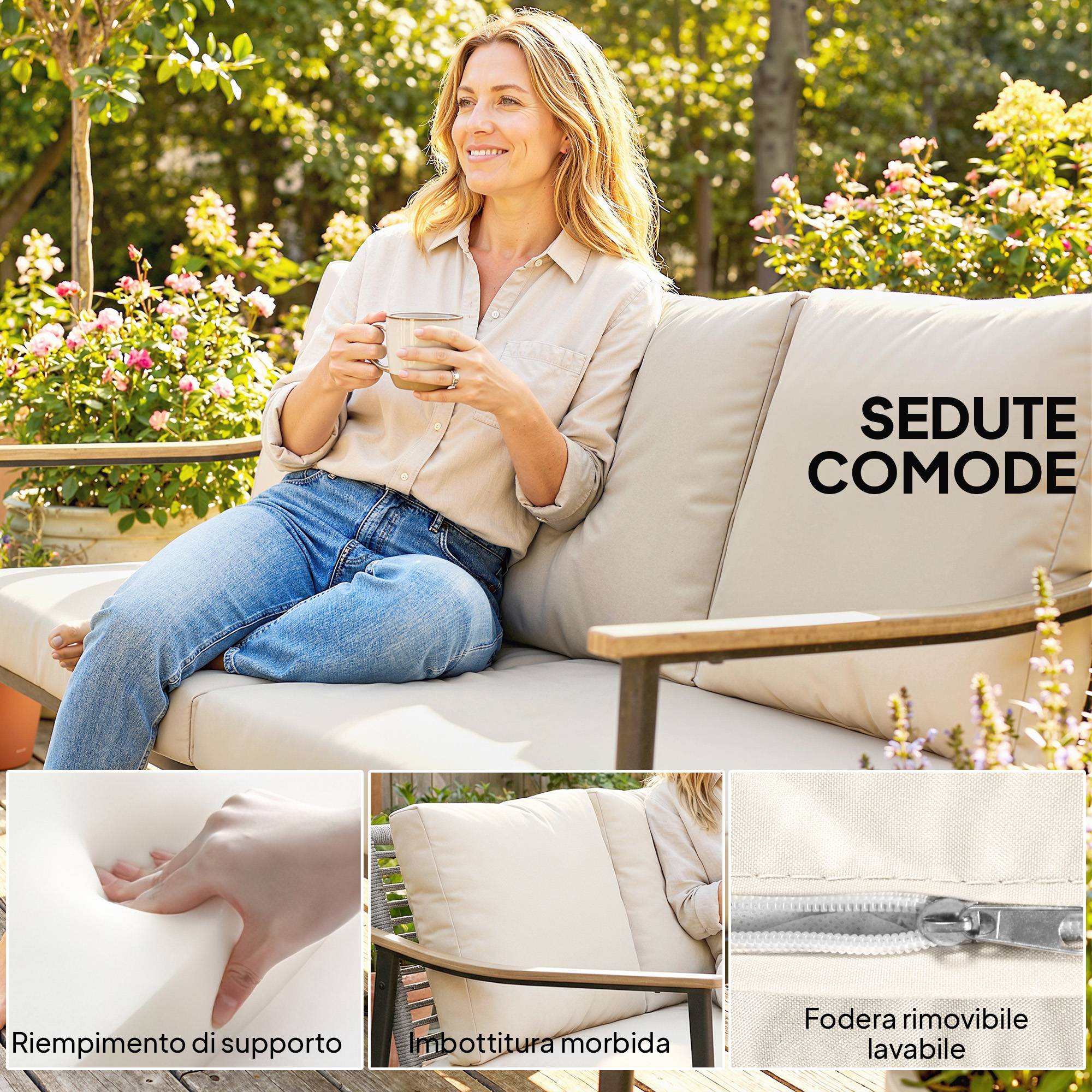 ComfortXL - Canapé extérieur 3 places Résine tressée Véranda Dossier rond imitation bois 176x75x78cm Kaki - ComfortXL Outdoor Living - Image 8