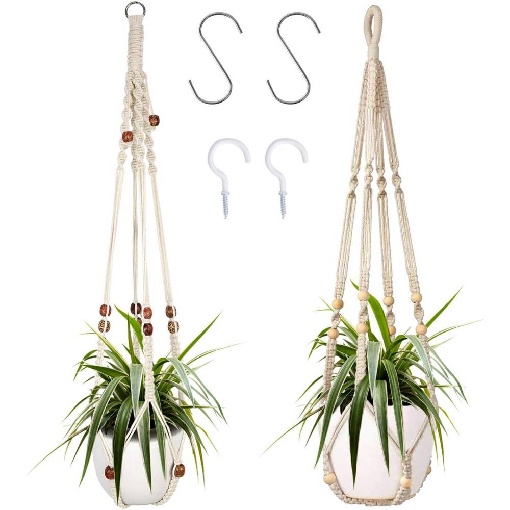Lot de 2 cintres plantes suspendues - Perles bois - 4 crochets inclus - Décoration intérieur - Image 1