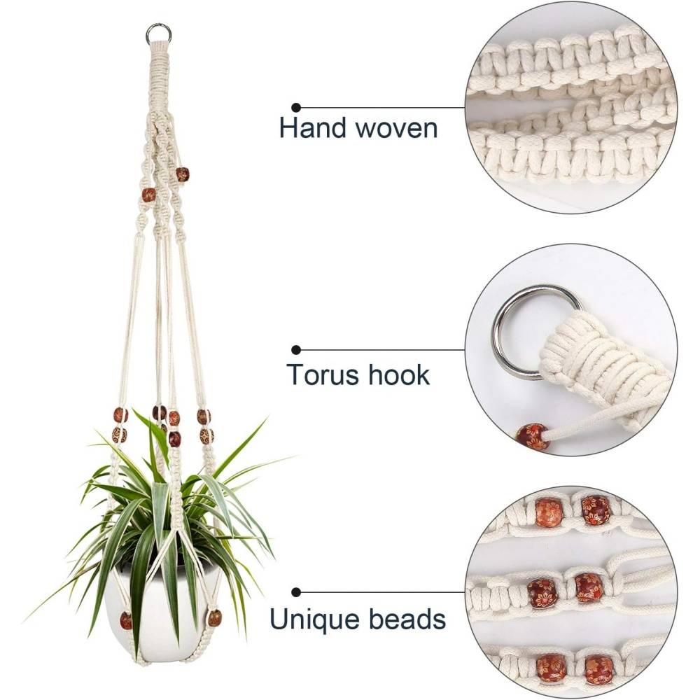Lot de 2 cintres plantes suspendues - Perles bois - 4 crochets inclus - Décoration intérieur - Image 3