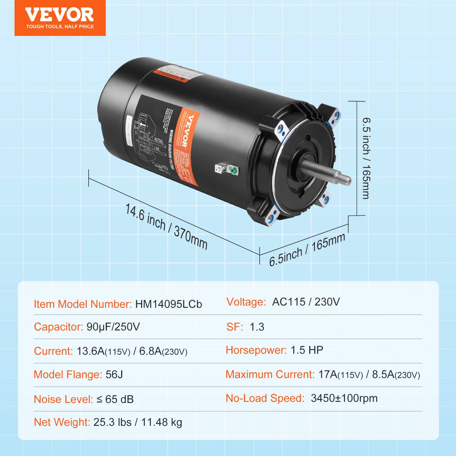 Vevor - VEVOR Moteur pompe piscine 1,5 CV 56J 115/230 V 3450 tr/min condensateur 90 μF/250 V rotation CCW remplacement moteur - Image 6