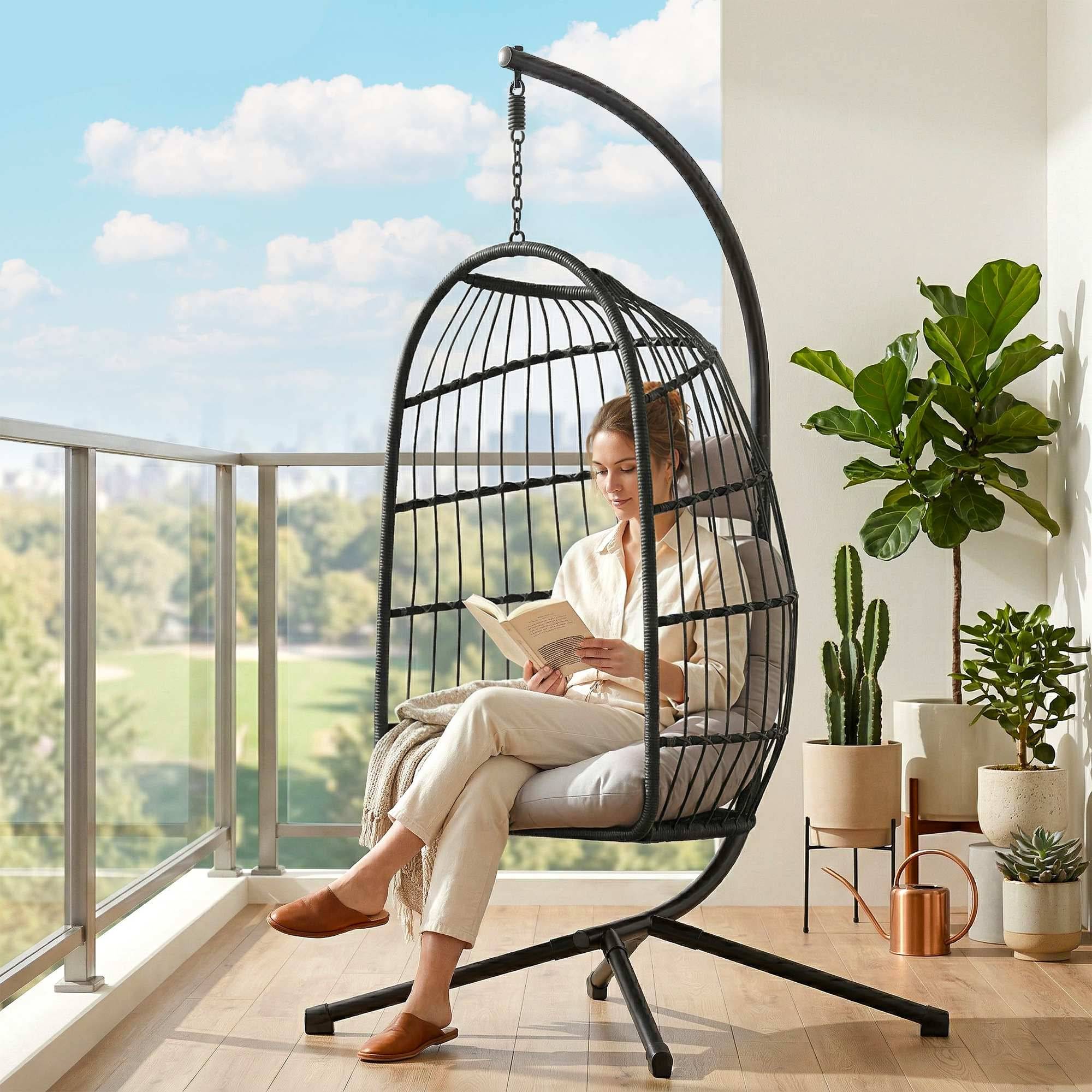 ComfortXL - Fauteuil suspendu résine tressée gris clair support pliable coussins appuie-tête hauteur réglable intérieur extérieur - Image 9