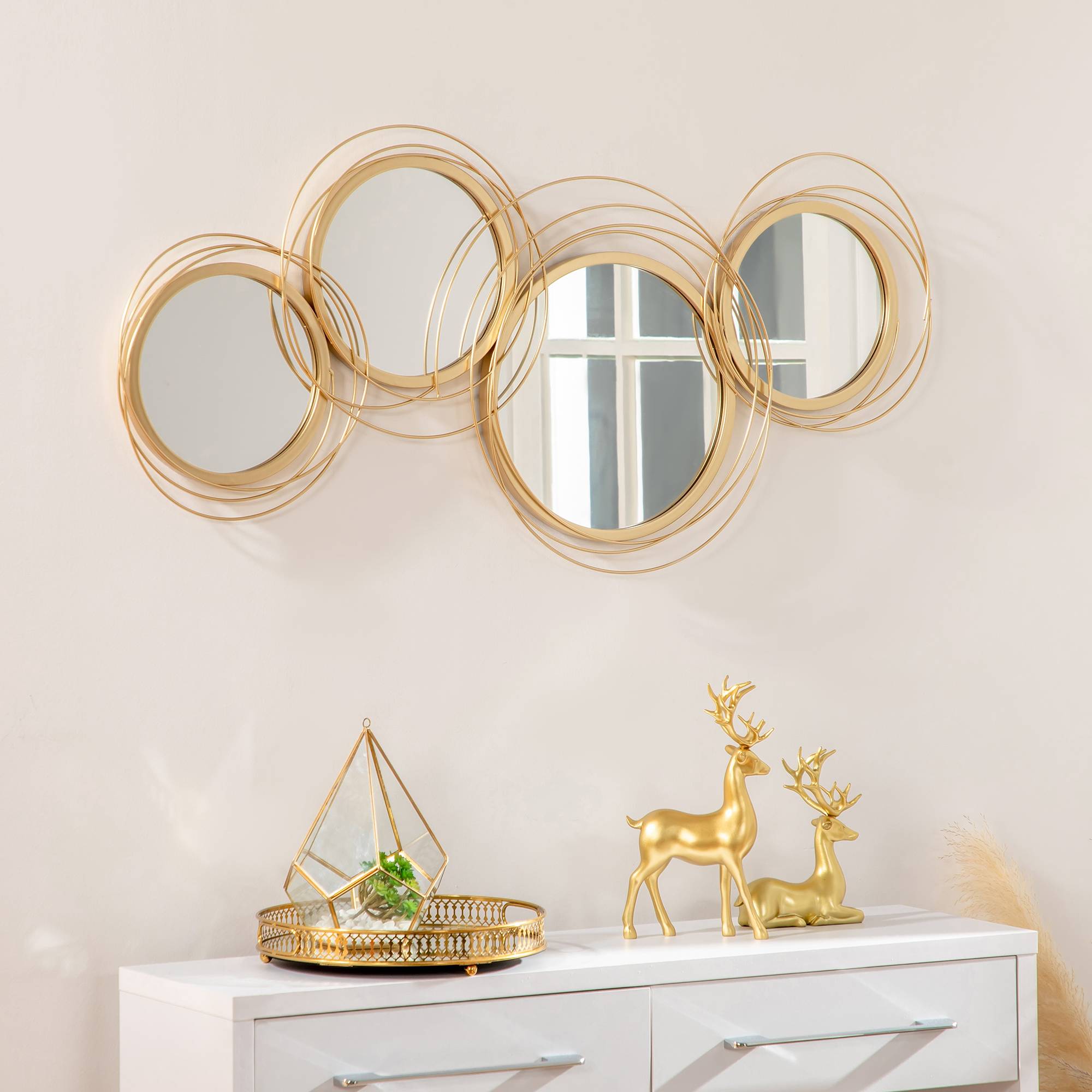ComfortXL - Miroir mural 4 ronds métal décoration salon chambre design élégant 107x56cm doré - ComfortXL Outdoor Living - Image 1