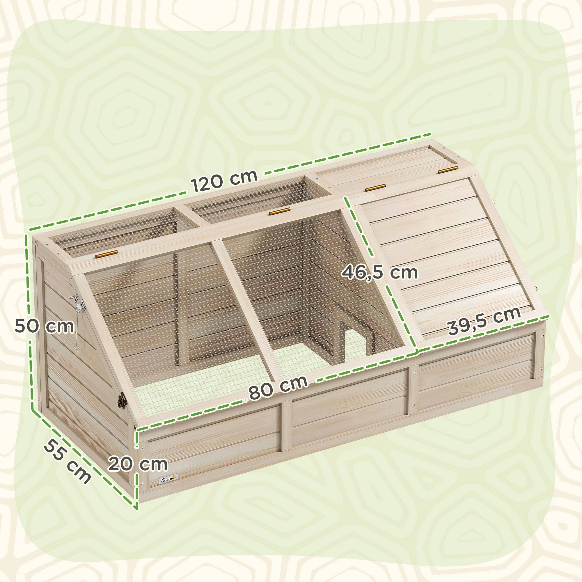 Maison enclos cage pour petit animal tortue en bois avec couvercle ouvrable, loquets, 2 espaces distincts, bois naturel - Image 5