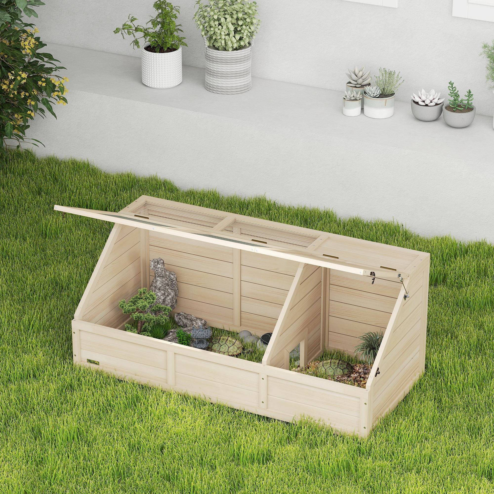 Maison enclos cage pour petit animal tortue en bois avec couvercle ouvrable, loquets, 2 espaces distincts, bois naturel - Image 4