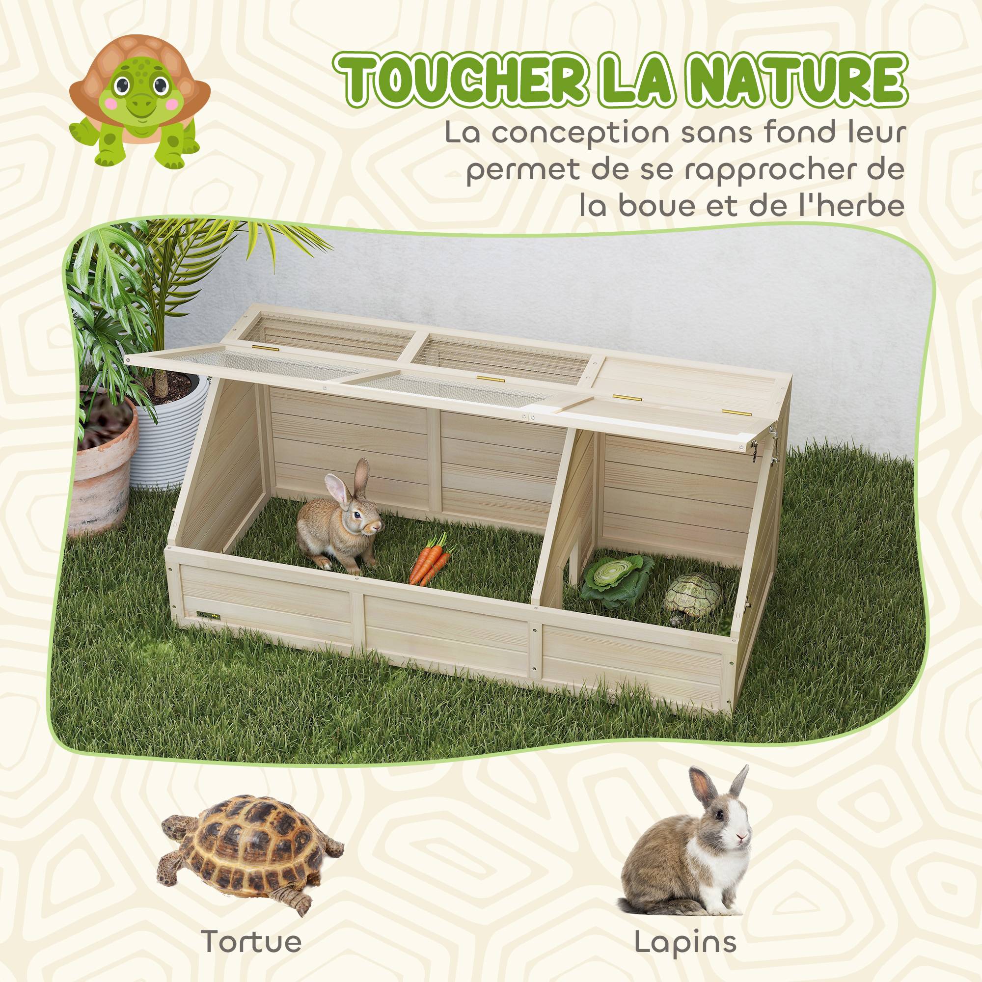 Maison enclos cage pour petit animal tortue en bois avec couvercle ouvrable, loquets, 2 espaces distincts, bois naturel - Image 7