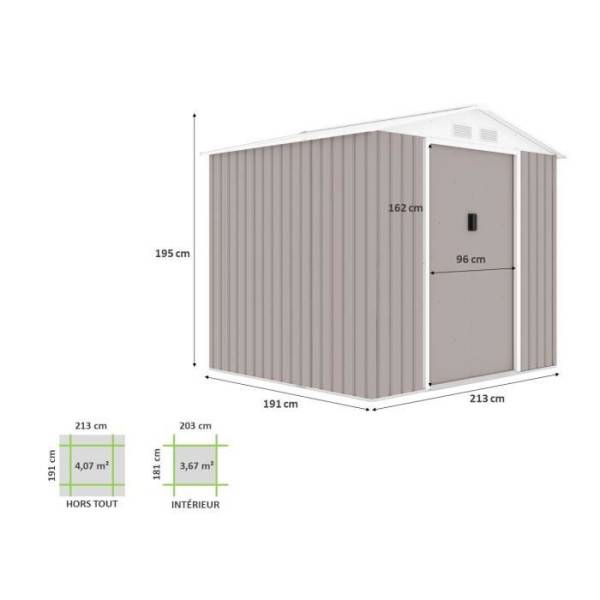 Sans Marque - Abri de jardin en métal 4,07 m² - 213 x 191 x 195 cm - MARS -Kit d'ancrage inclus, 2 portes coulissantes - Taupe - Image 5